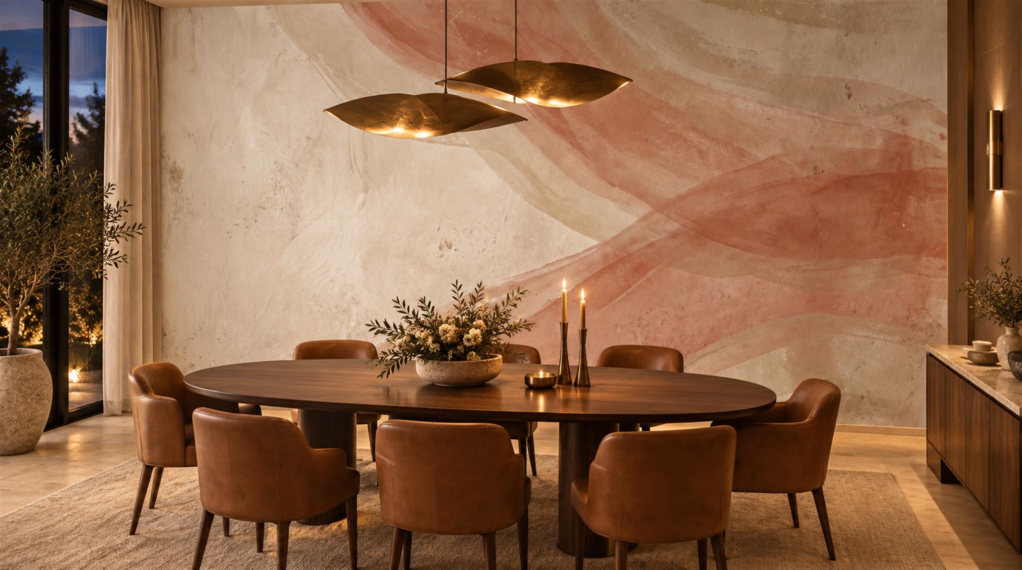 Red And Neutral Decorative Patterning Wallpaper Mural Layered Abstract Dining-room-wallpaper-murals, Shown In A Dining Room, Peel-and-stick Finish