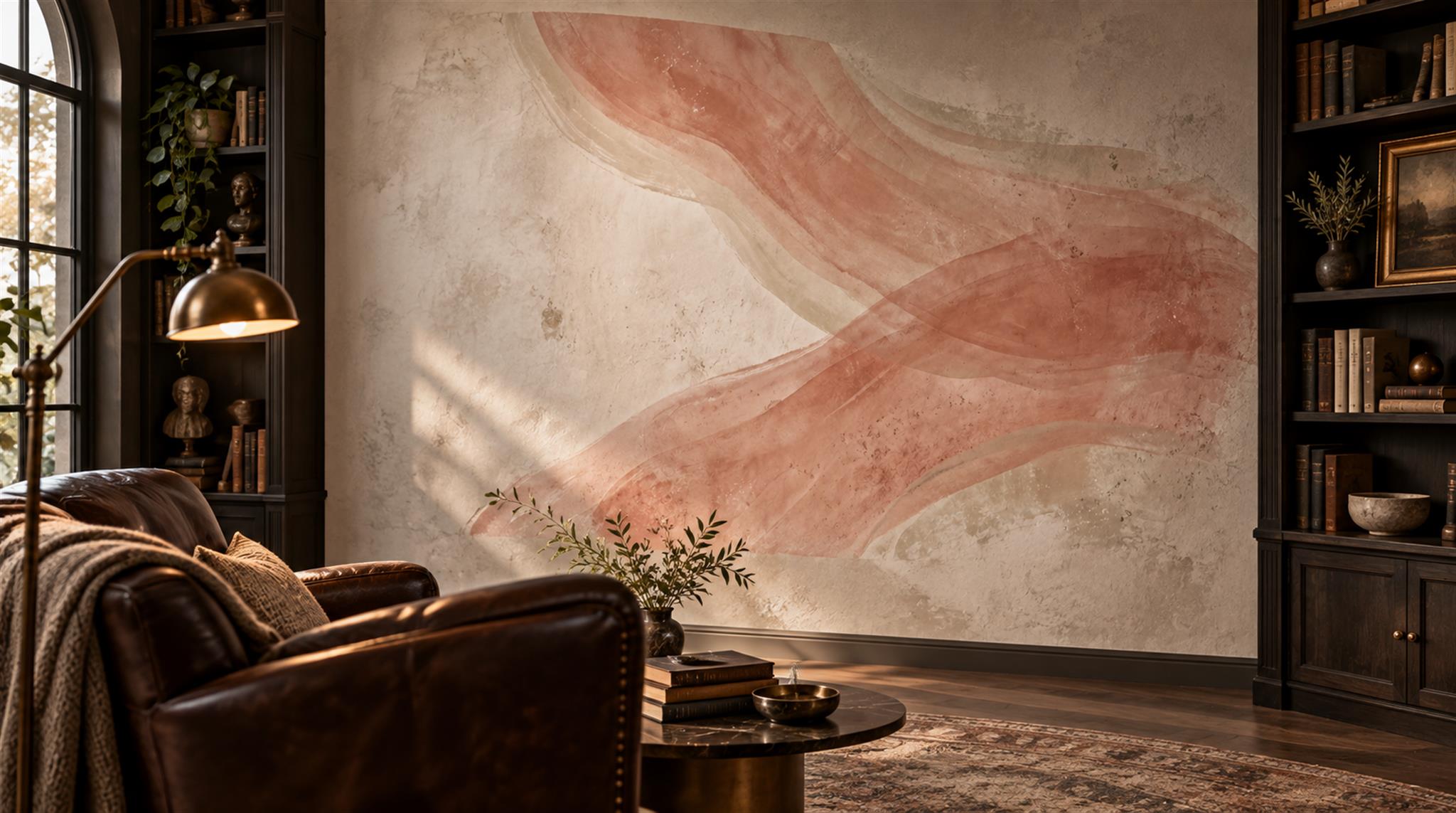 Red And Neutral Decorative Patterning Wallpaper Mural Layered Abstract Library-wallpaper-murals, Peel-and-stick Finish
