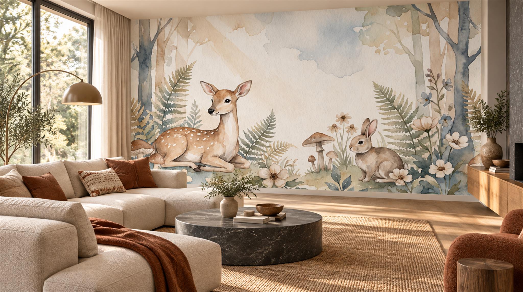 Woodland Deer And Rabbits Wallpaper Mural — Wallpaper Mural Design, Peel-and-stick Finish