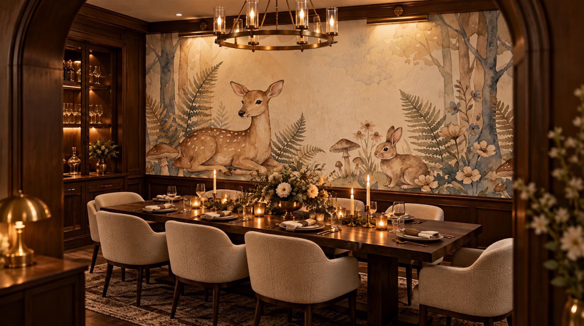 Red And Neutral Decorative Patterning Wallpaper Textured Wallpaper Mural Dining-room-wallpaper-murals, Shown In A Dining Room, Peel-and-stick Finish