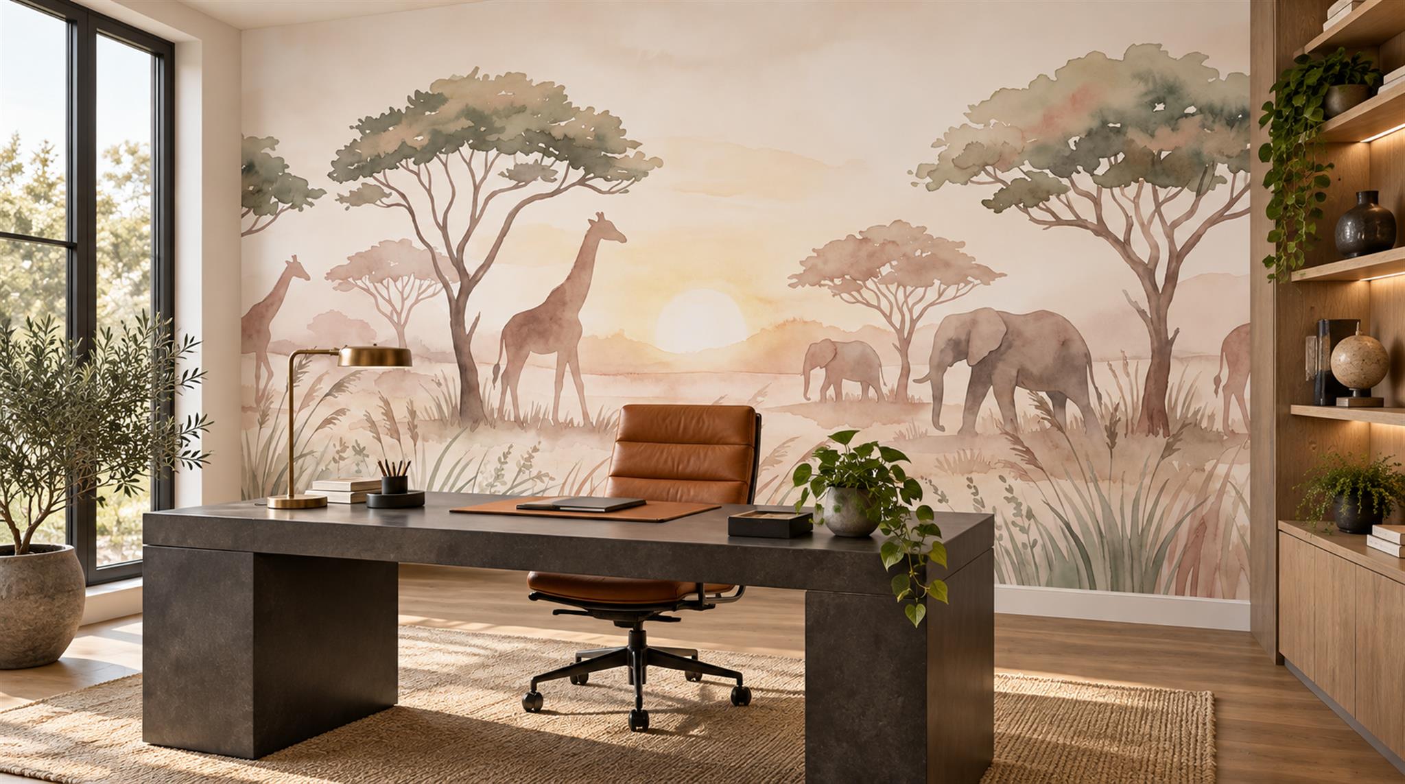 Red And Neutral Decorative Patterning Wallpaper Detail Wallpaper Mural Office-wallpaper-murals, Shown In A Home Office, Peel-and-stick Finish