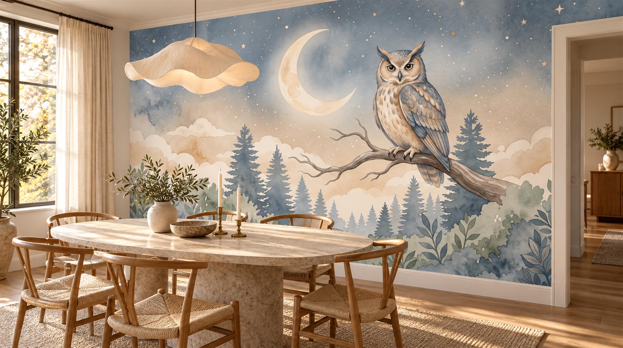 Owl And Crescent Moon Winter Forest Wallpaper Mural — Wallpaper Mural Design, Peel-and-stick Finish
