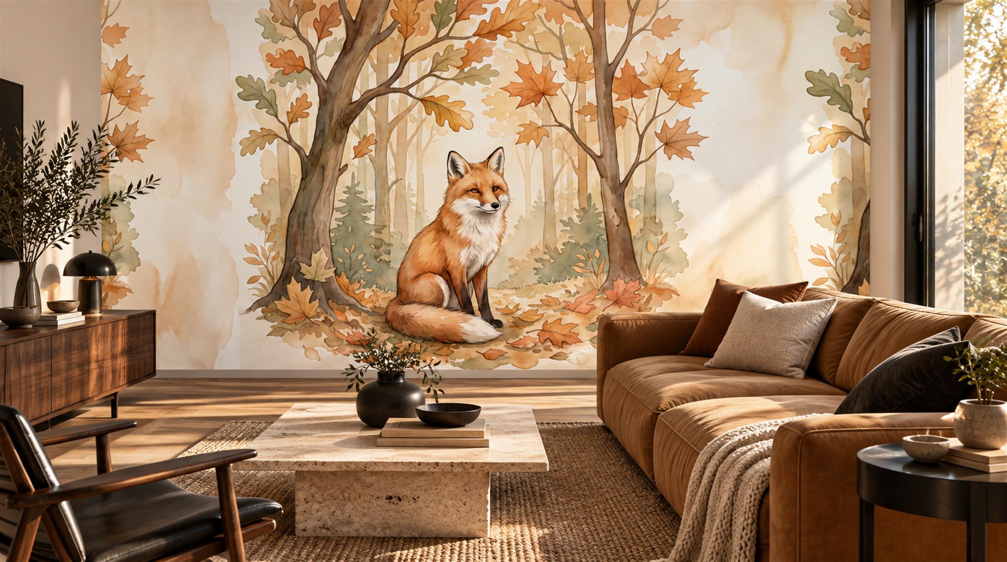 Red And Neutral Decorative Patterning Wallpaper Marks Wallpaper Mural Living-room-wallpaper-murals, Shown In A Living Room, Peel-and-stick Finish