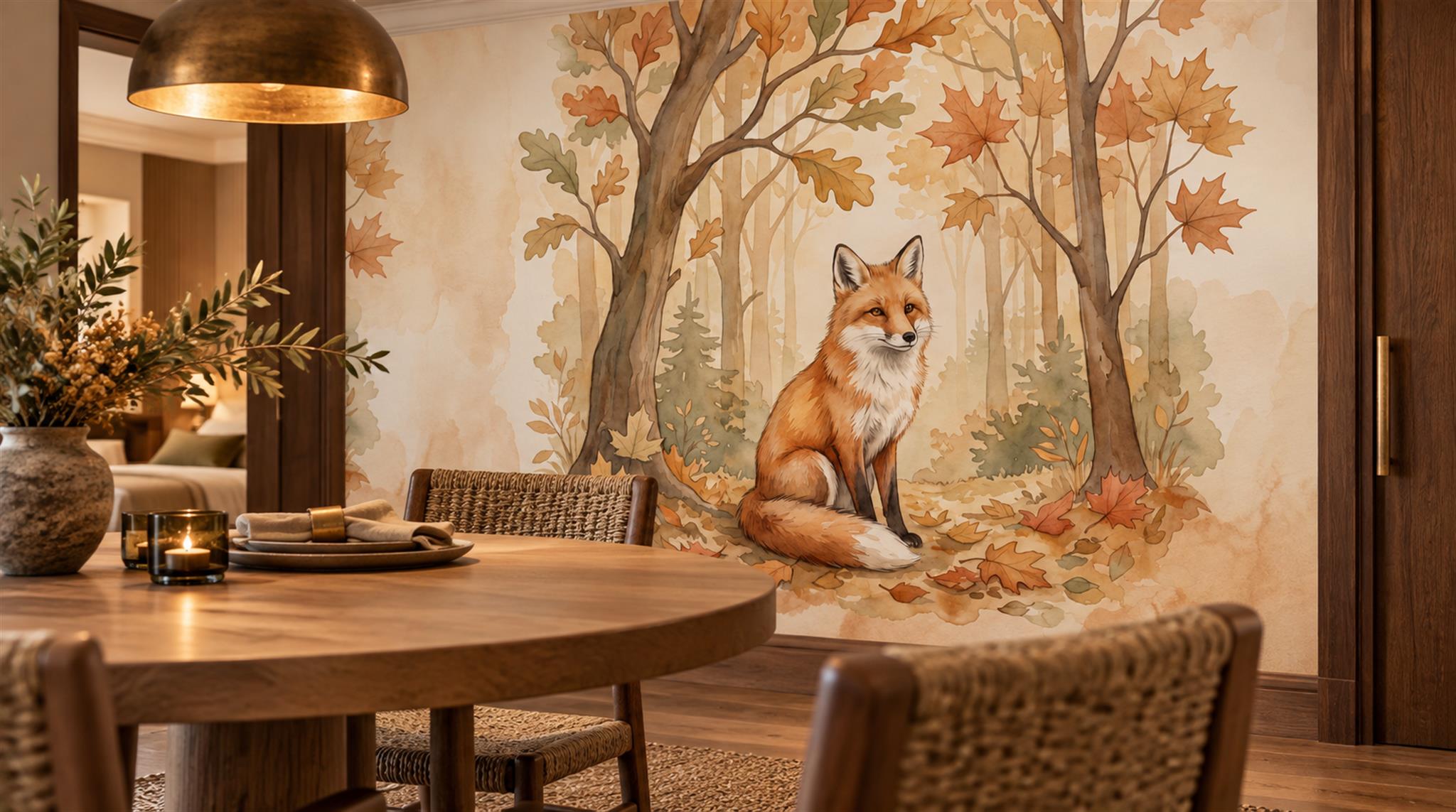 Red And Neutral Decorative Patterning Wallpaper Marks Wallpaper Mural Dining-room-wallpaper-murals, Shown In A Dining Room, Peel-and-stick Finish