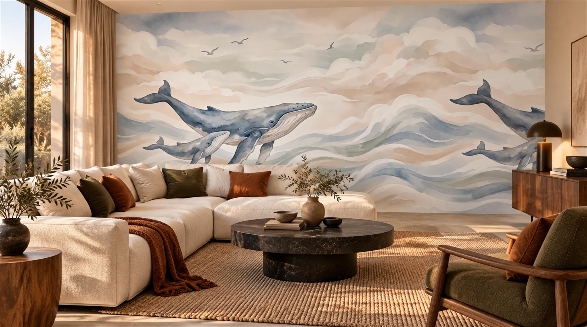 Red And Neutral Decorative Patterning Wallpaper Layered Wallpaper Mural Living-room-wallpaper-murals, Shown In A Living Room, Peel-and-stick Finish
