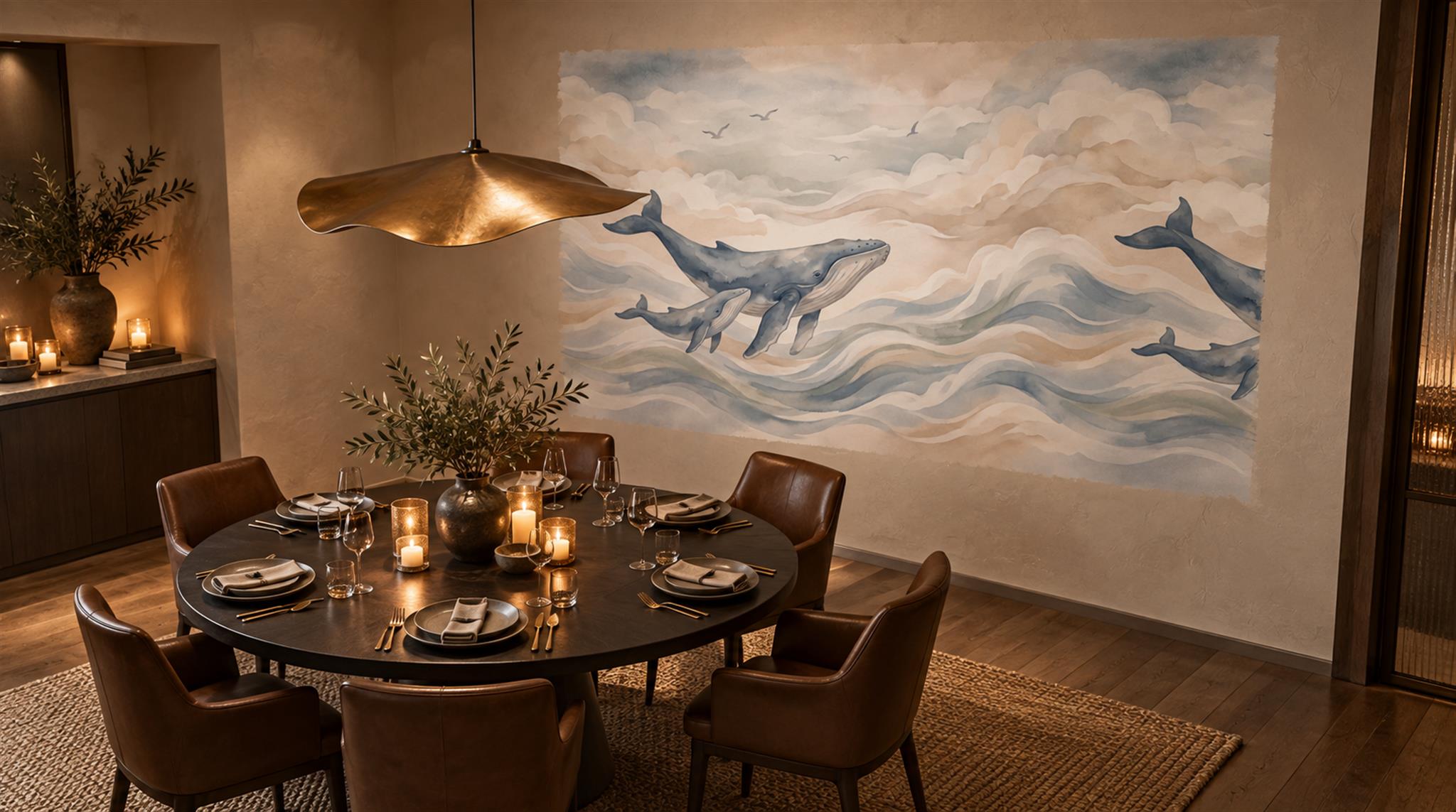 Red And Neutral Decorative Patterning Wallpaper Layered Wallpaper Mural Dining-room-wallpaper-murals, Shown In A Dining Room, Peel-and-stick Finish