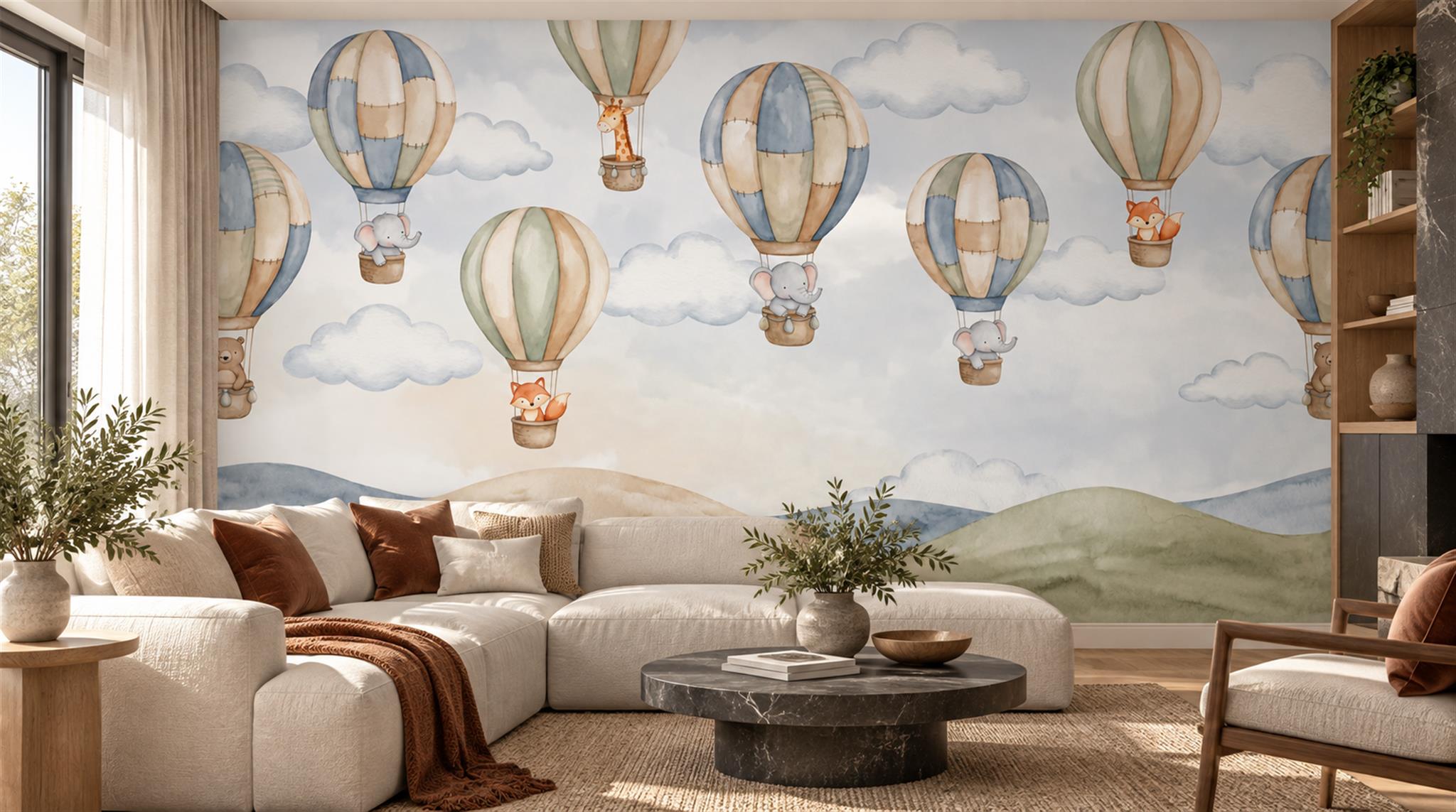 Hot Air Balloons Above Pastel Hills Wallpaper Mural — Wallpaper Mural Design, Peel-and-stick Finish