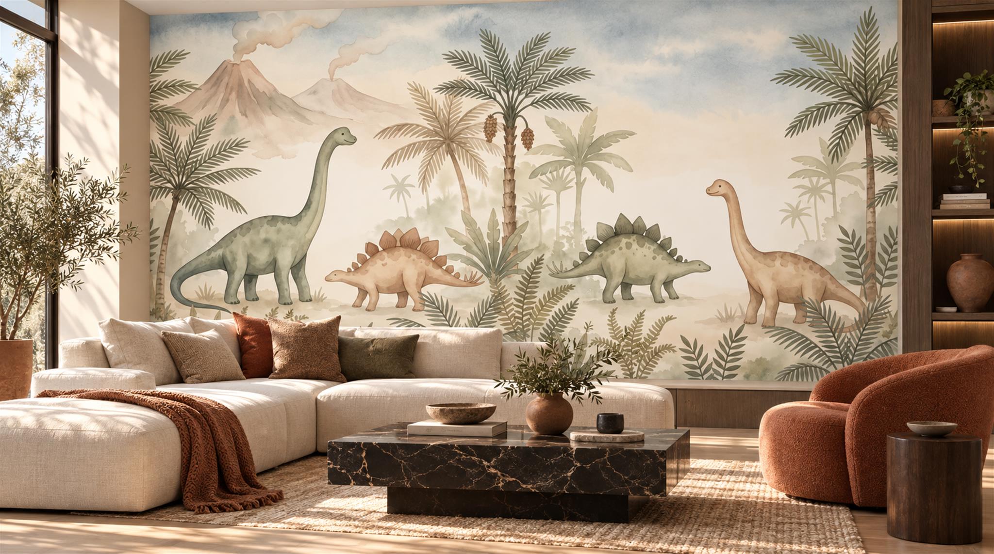 Prehistoric Dinosaurs In A Tropical Forest Wallpaper Mural — Wallpaper Mural Design, Peel-and-stick Finish