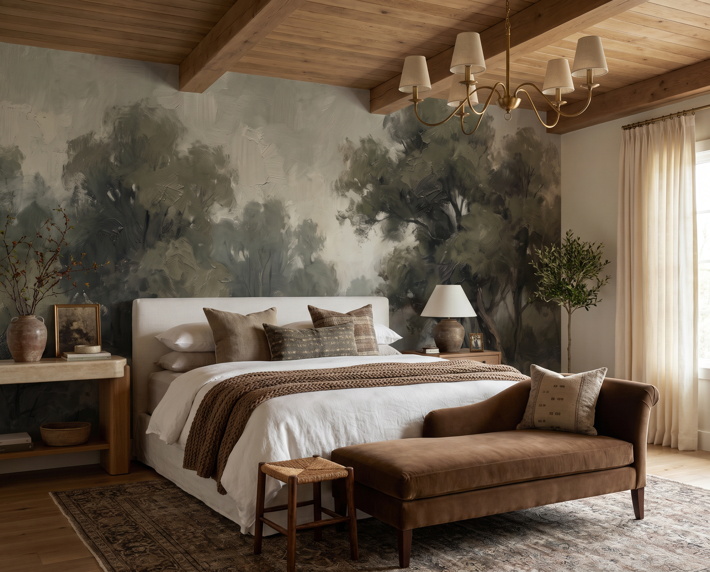 Sage Green Woodland Trees Wallpaper Mural Bedroom-wallpaper-murals, Peel-and-stick Finish
