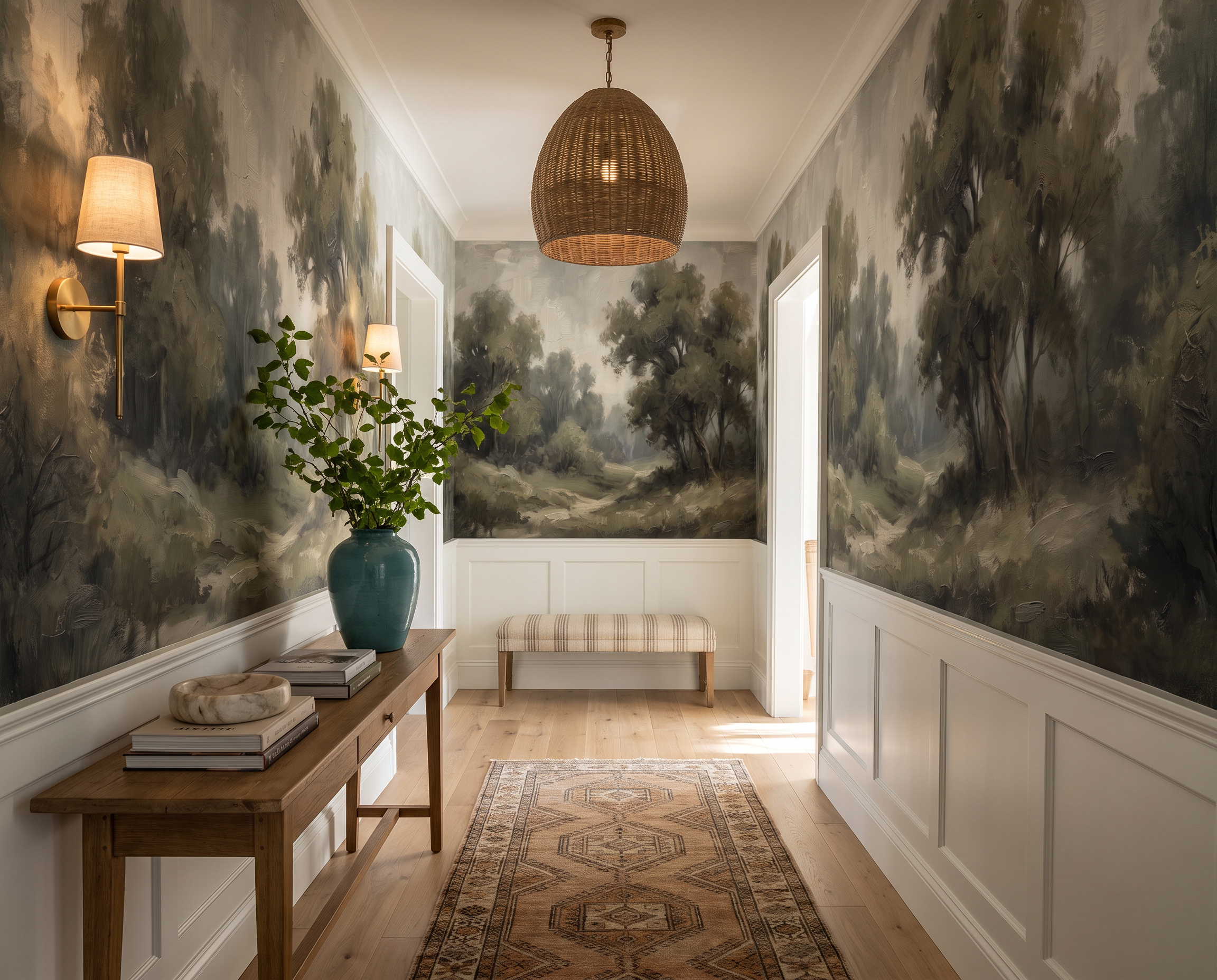 Sage Green Woodland Trees Wallpaper Mural Hallway-wallpaper-murals, Peel-and-stick Finish