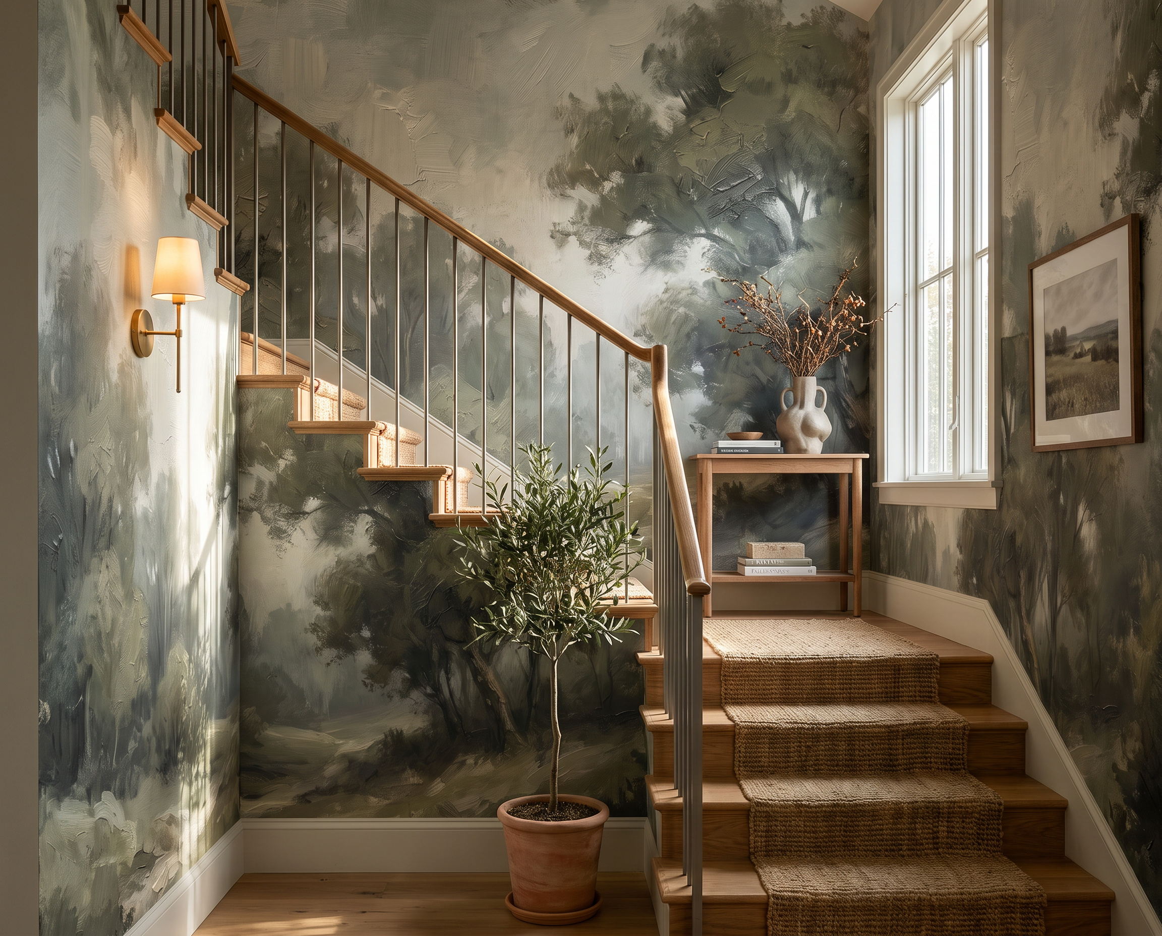 Sage Green Woodland Trees Wallpaper Mural Hallway-wallpaper-murals, Peel-and-stick Finish