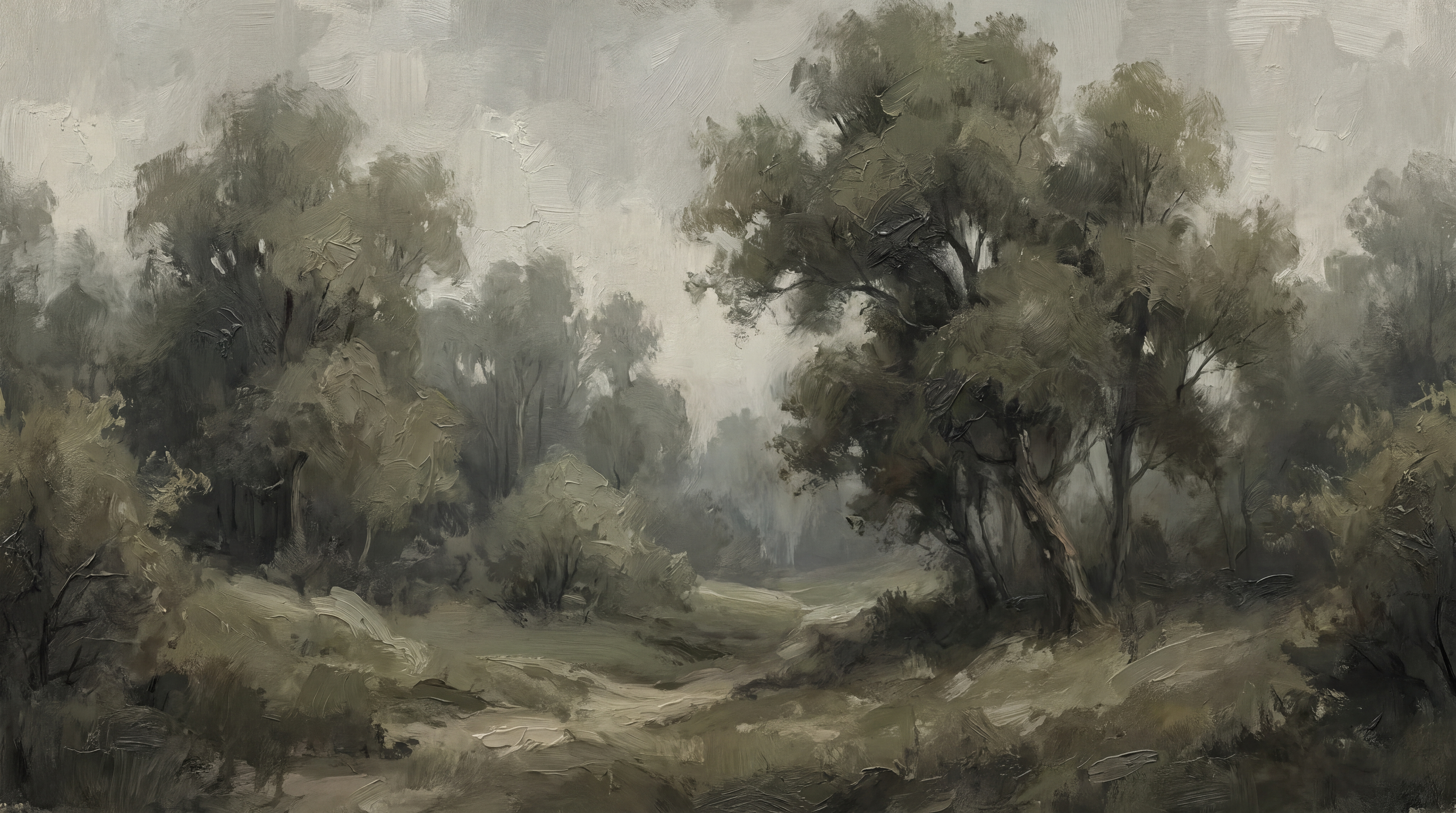Misty Woodland Stream And Dark Trees Wallpaper Mural — Wallpaper Mural Design, Peel-and-stick Finish