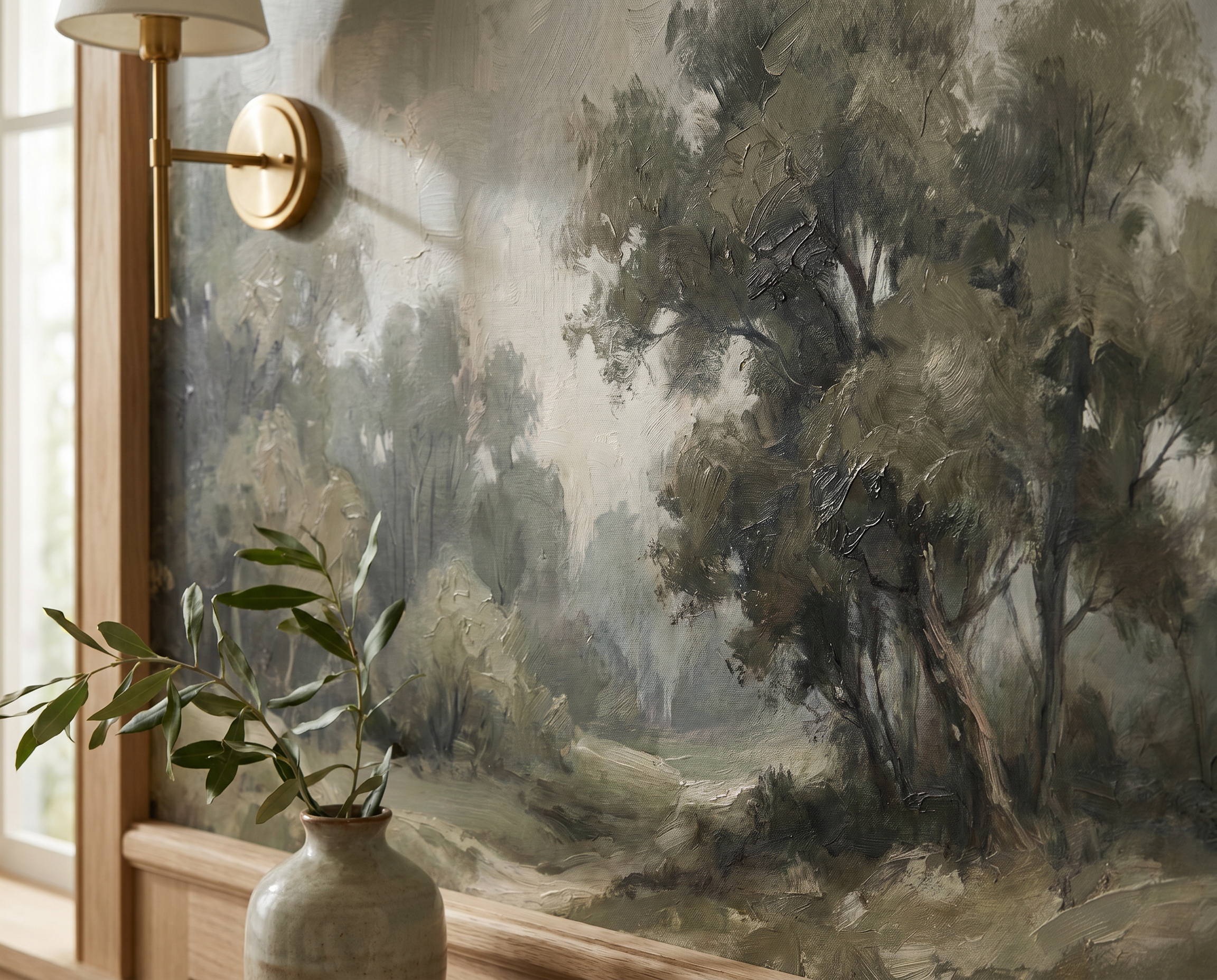 Sage Green Woodland Trees Wallpaper Mural Accent-wall-wallpaper-murals, Peel-and-stick Finish