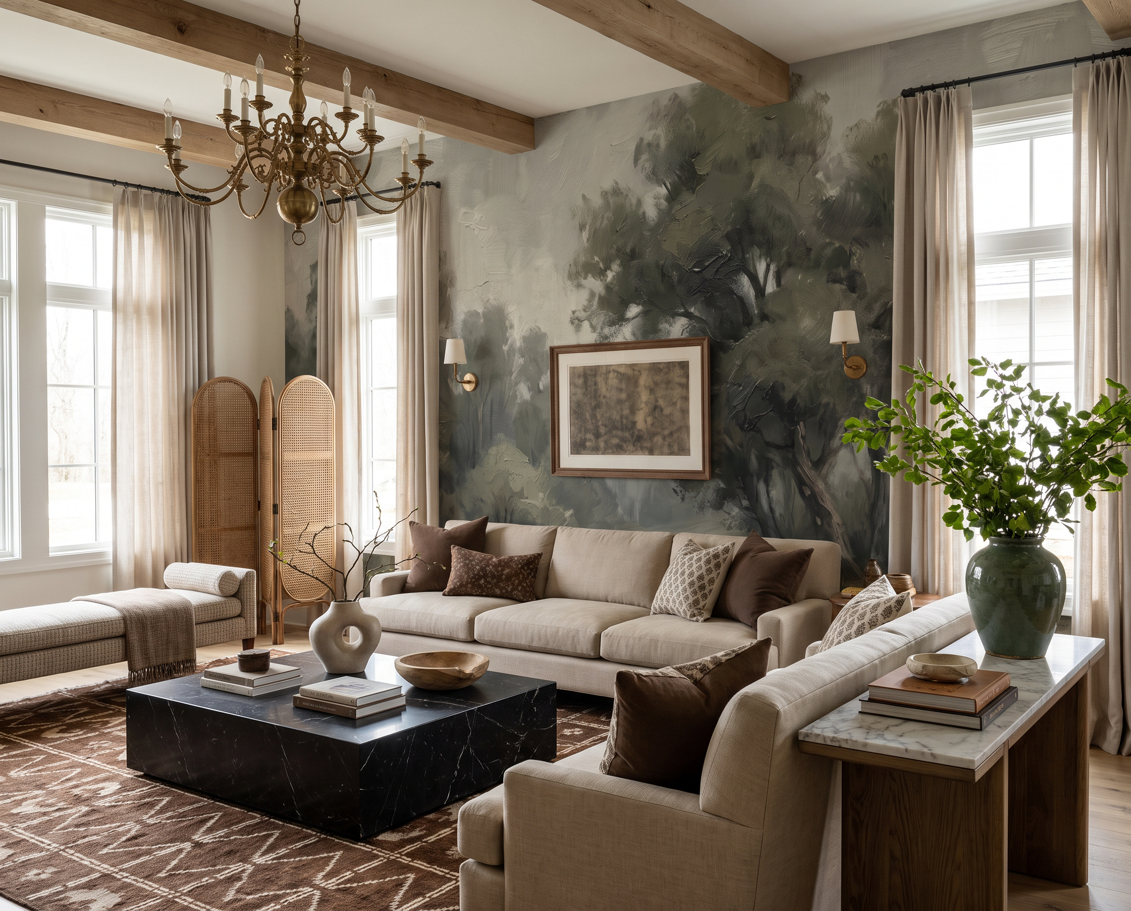 Sage Green Woodland Trees Wallpaper Mural Living-room-wallpaper-murals, Shown In A Living Room, Peel-and-stick Finish