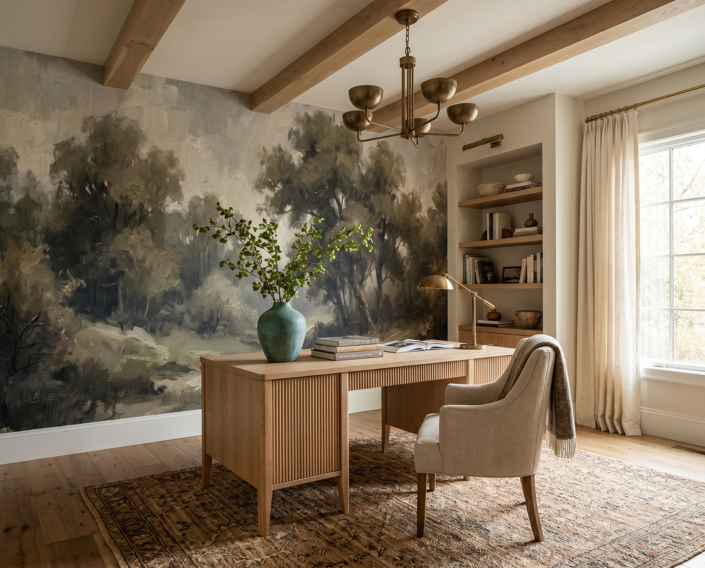 Sage Green Woodland Trees Wallpaper Mural Kitchen-wallpaper-murals, Peel-and-stick Finish
