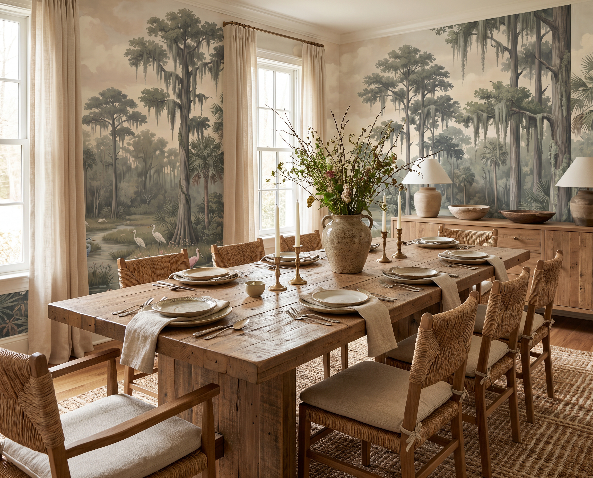 Beige And Red Abstract Forms Decorative Wallpaper Mural Dining-room-wallpaper-murals, Shown In A Dining Room, Peel-and-stick Finish