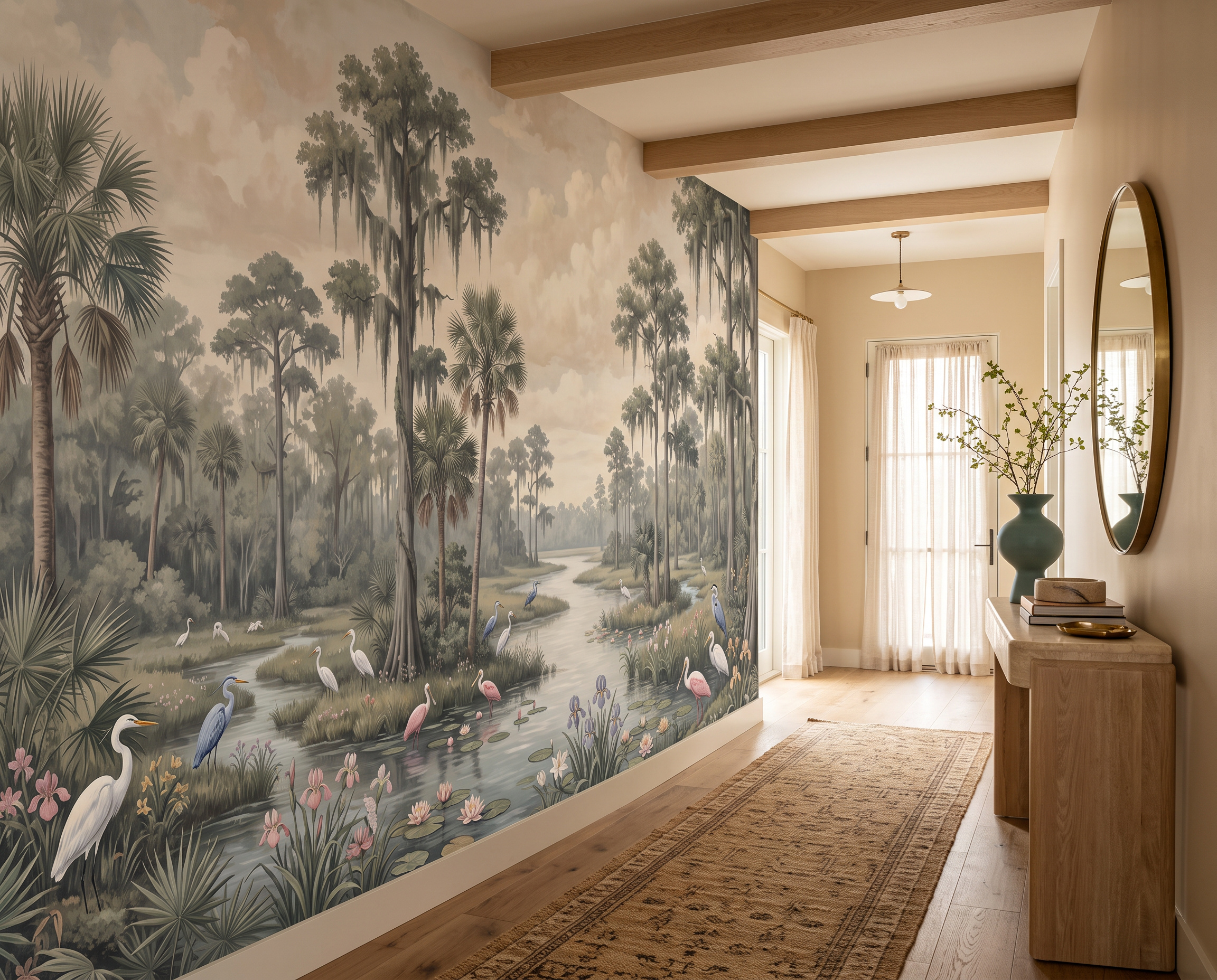 Beige And Red Abstract Forms Decorative Wallpaper Mural Hallway-wallpaper-murals, Peel-and-stick Finish