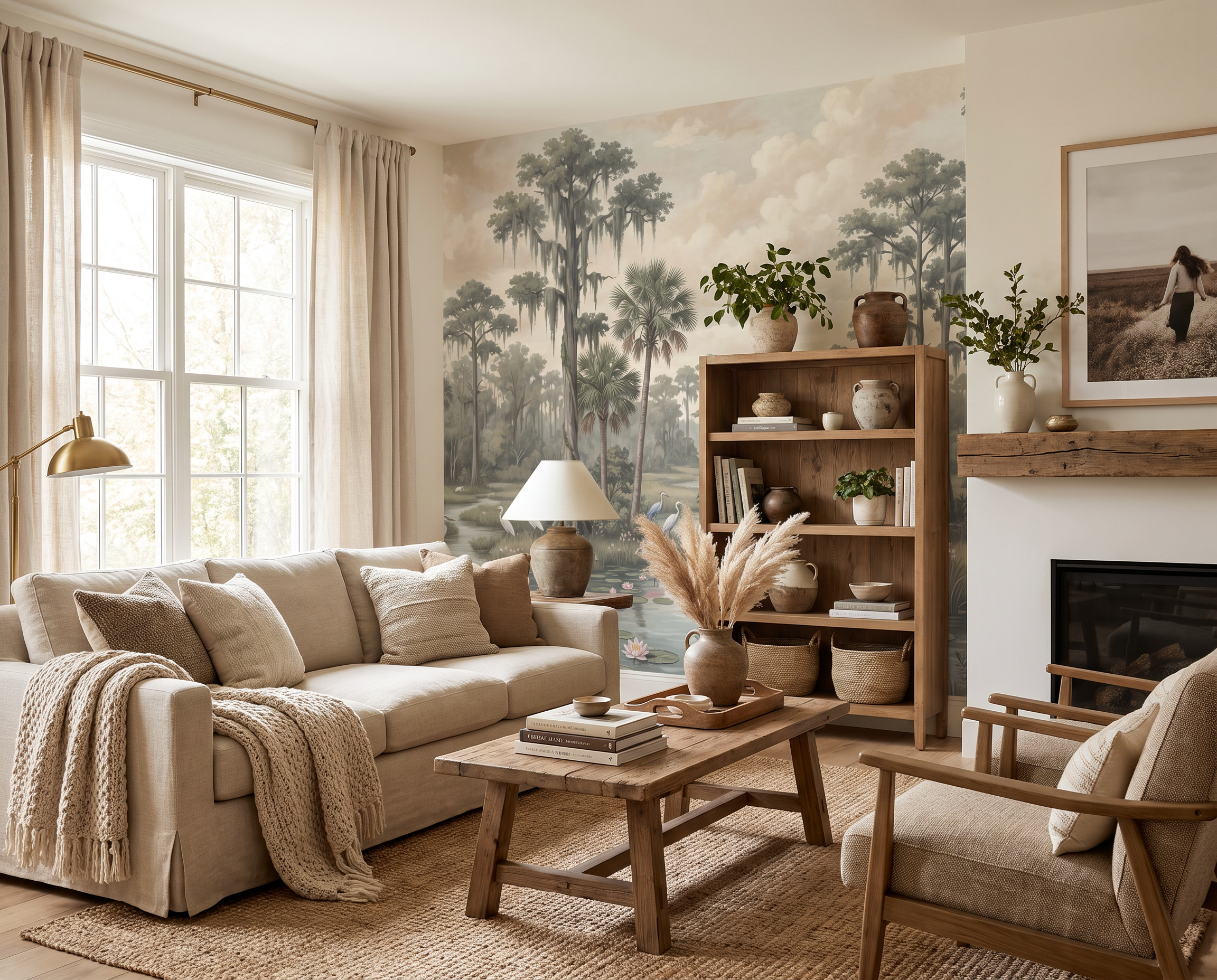 Beige And Red Abstract Forms Decorative Wallpaper Mural Living-room-wallpaper-murals, Shown In A Living Room, Peel-and-stick Finish
