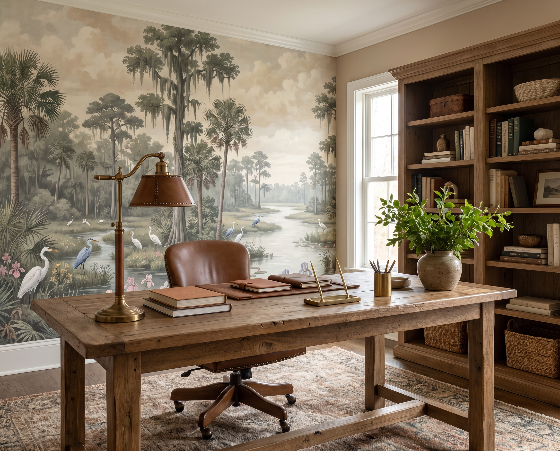 Beige And Red Abstract Forms Decorative Wallpaper Mural Office-wallpaper-murals, Shown In A Home Office, Peel-and-stick Finish