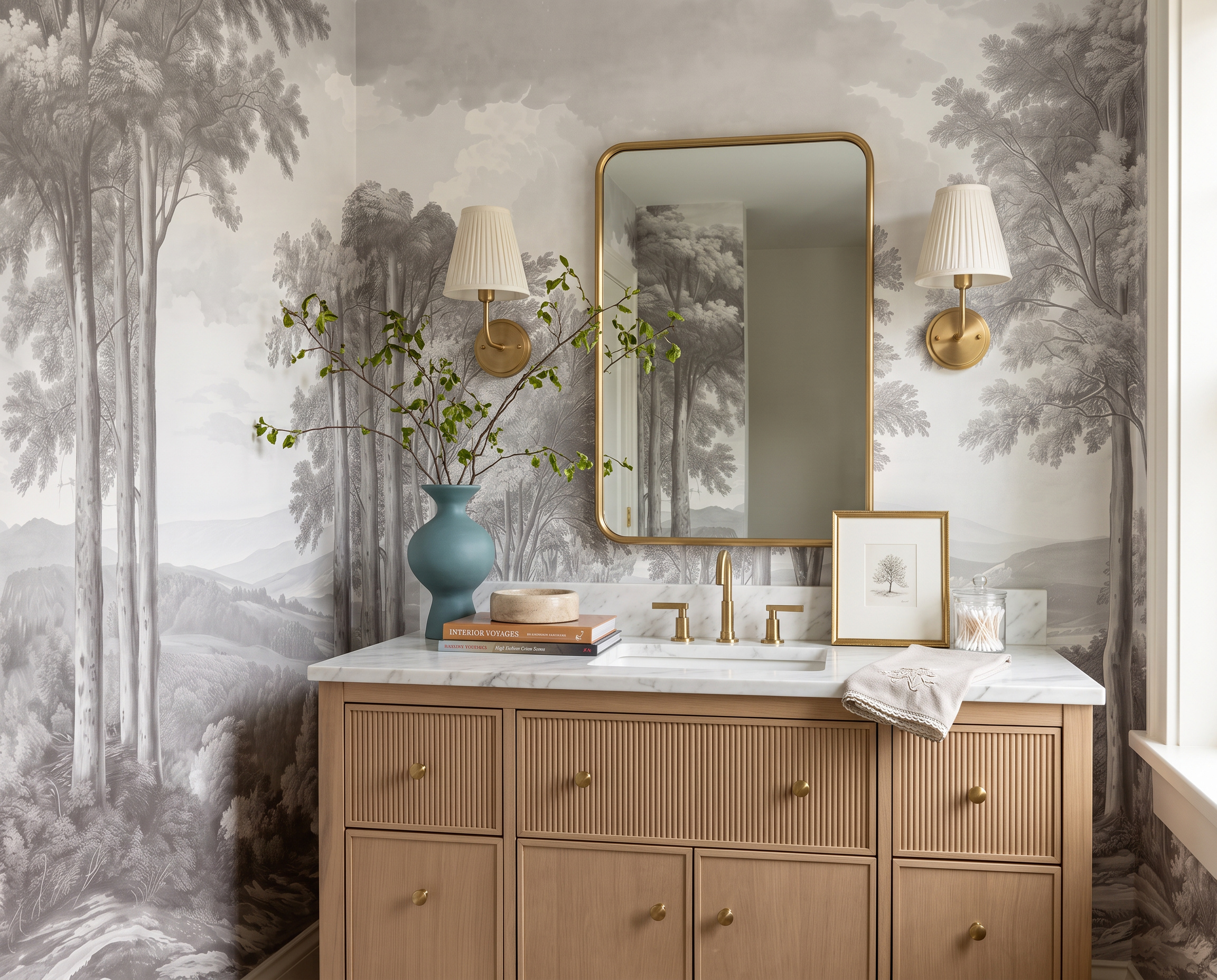 Grey Woodland Trees Wallpaper Mural Bathroom-wallpaper-murals, Peel-and-stick Finish