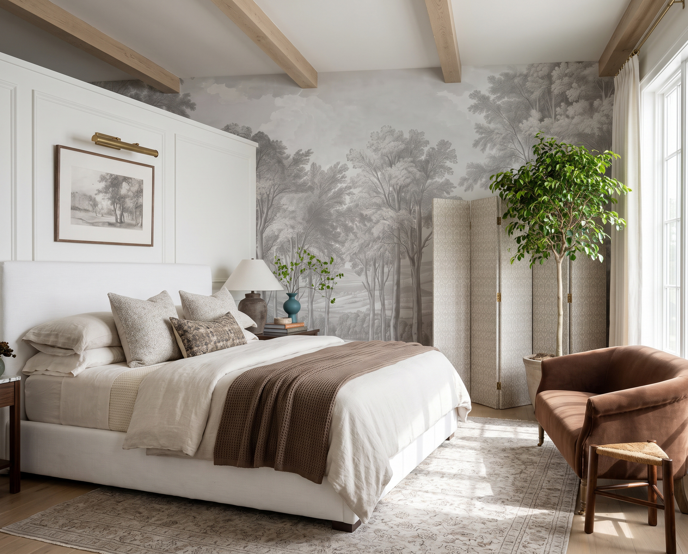 Grey Woodland Trees Wallpaper Mural Bedroom-wallpaper-murals, Peel-and-stick Finish