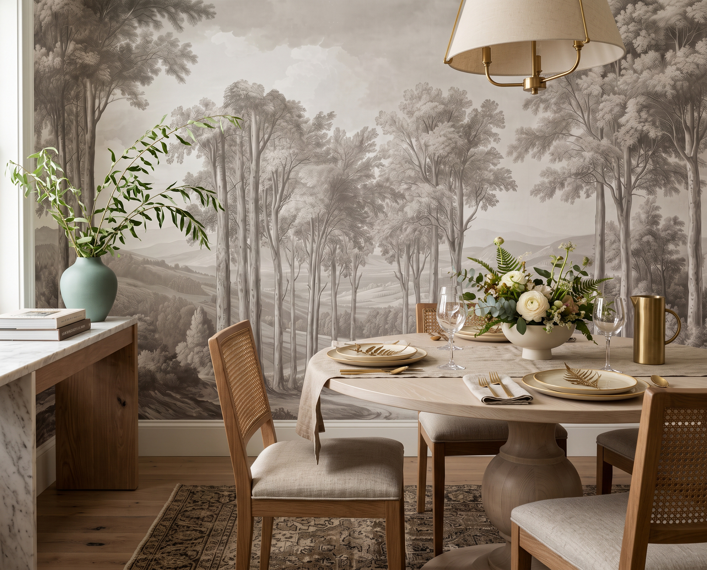 Grey Woodland Valley And Winding Path Wallpaper Mural — Wallpaper Mural Design, Peel-and-stick Finish