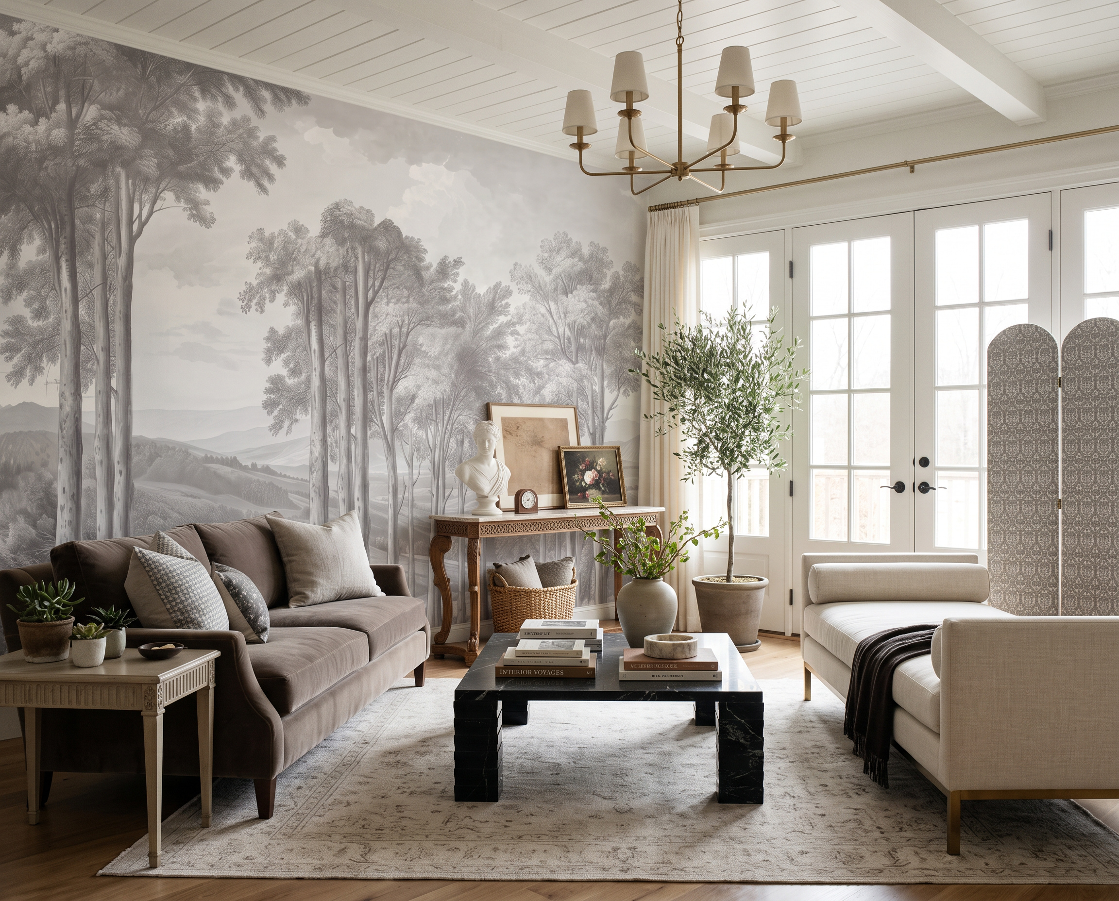 Grey Woodland Trees Wallpaper Mural Living-room-wallpaper-murals, Shown In A Living Room, Peel-and-stick Finish
