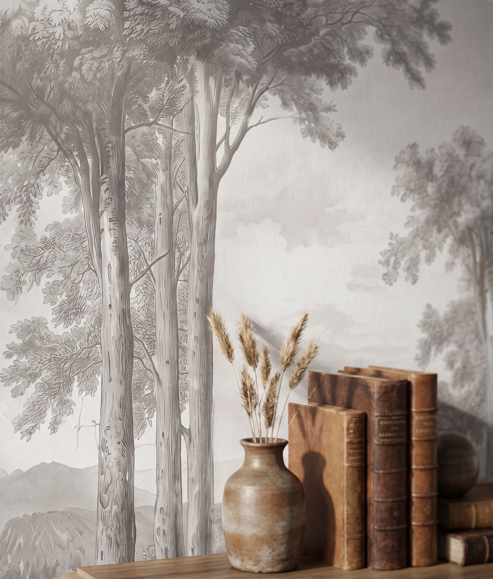 Grey Woodland Trees Wallpaper Mural Accent-wall-wallpaper-murals, Peel-and-stick Finish