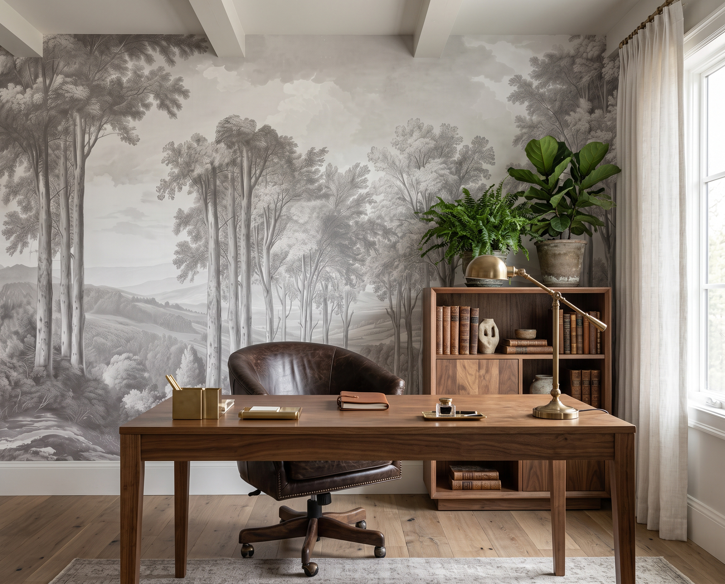 Grey Woodland Trees Wallpaper Mural Office-wallpaper-murals, Shown In A Home Office, Peel-and-stick Finish
