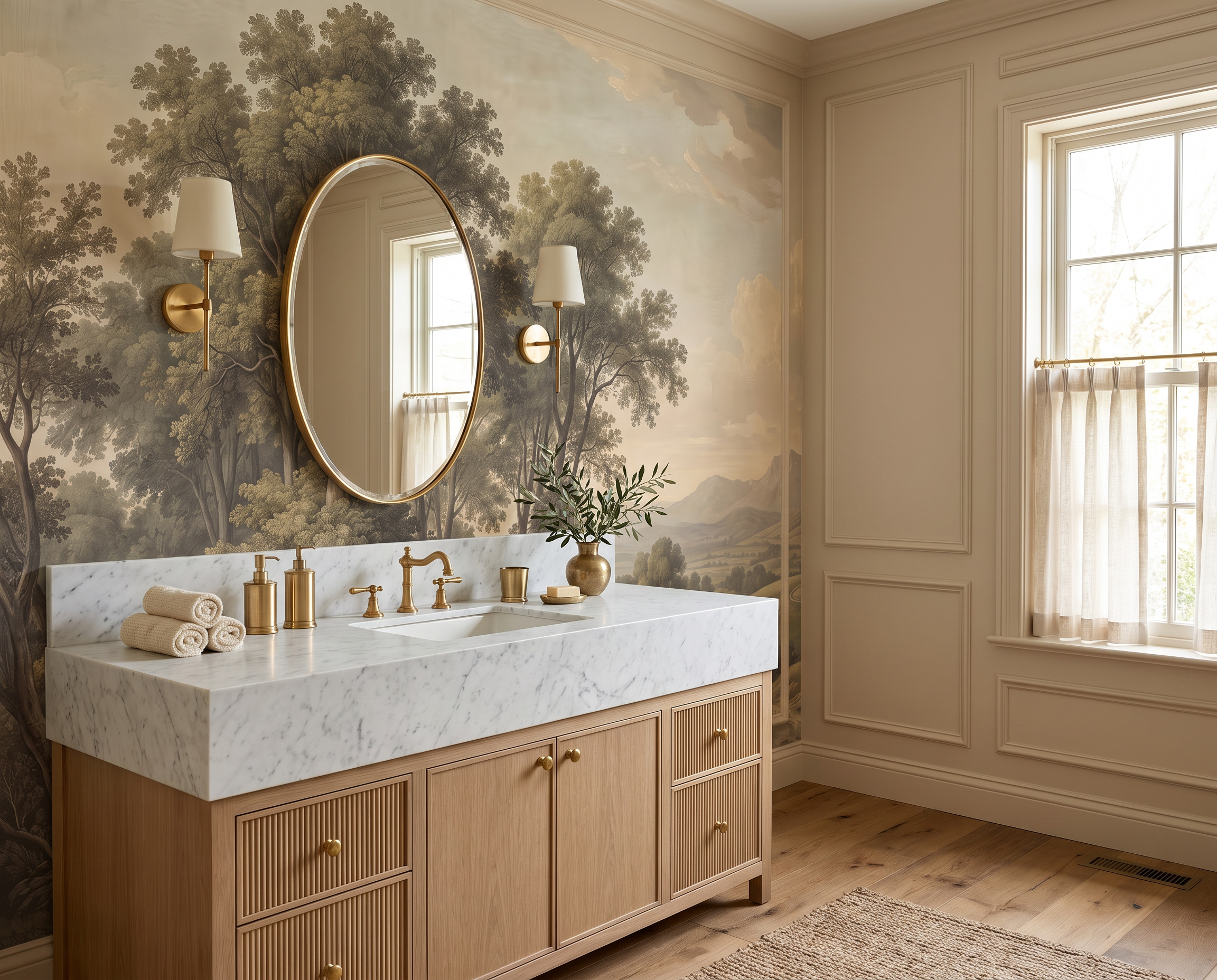 Brown Woodland Trees Wallpaper Mural Bathroom-wallpaper-murals, Peel-and-stick Finish