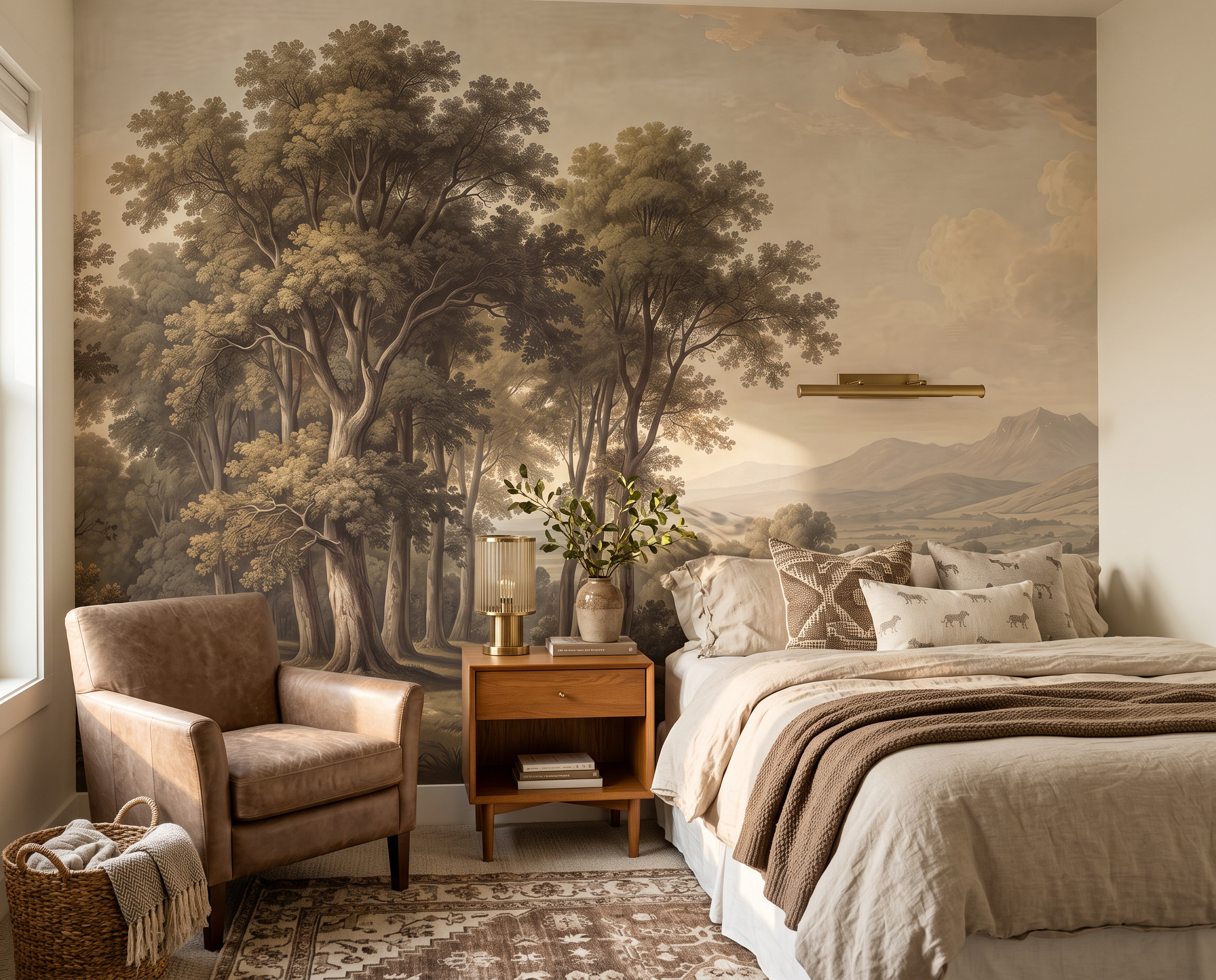 Brown Woodland Trees Wallpaper Mural Bedroom-wallpaper-murals, Peel-and-stick Finish