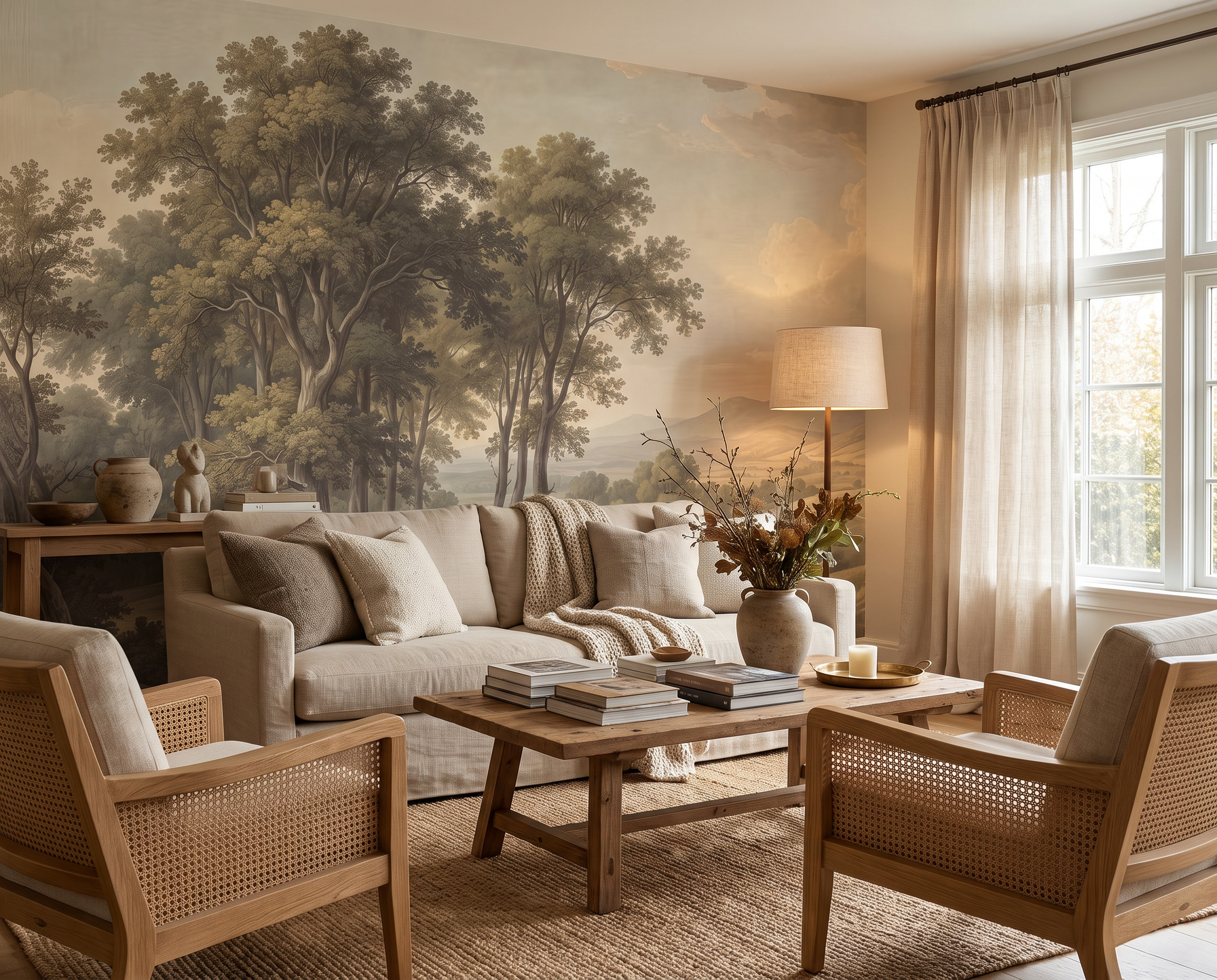 Warm Brown Woodland And Rolling Hills Wallpaper Mural — Wallpaper Mural Design, Peel-and-stick Finish