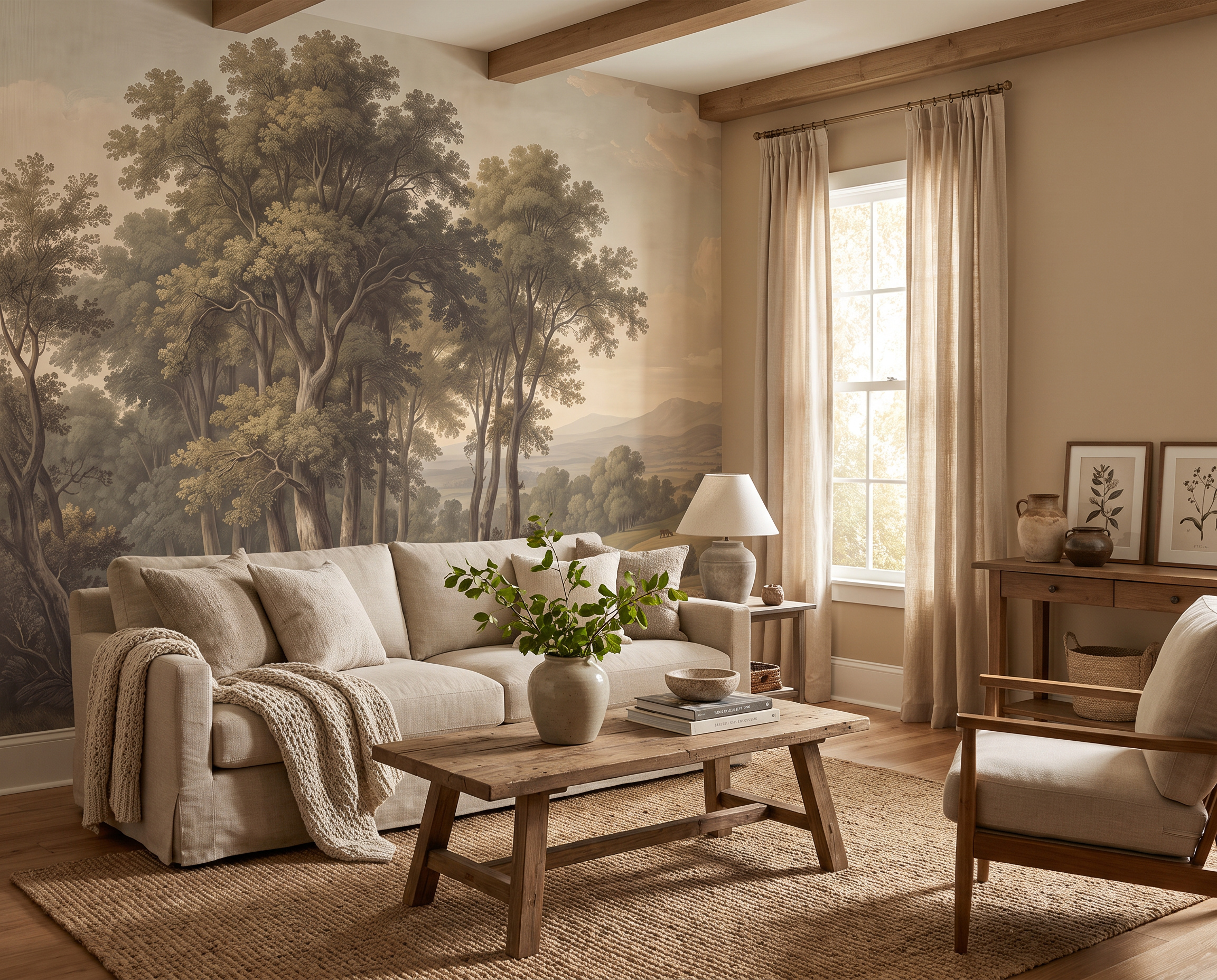 Brown Woodland Trees Wallpaper Mural Living-room-wallpaper-murals, Peel-and-stick Finish