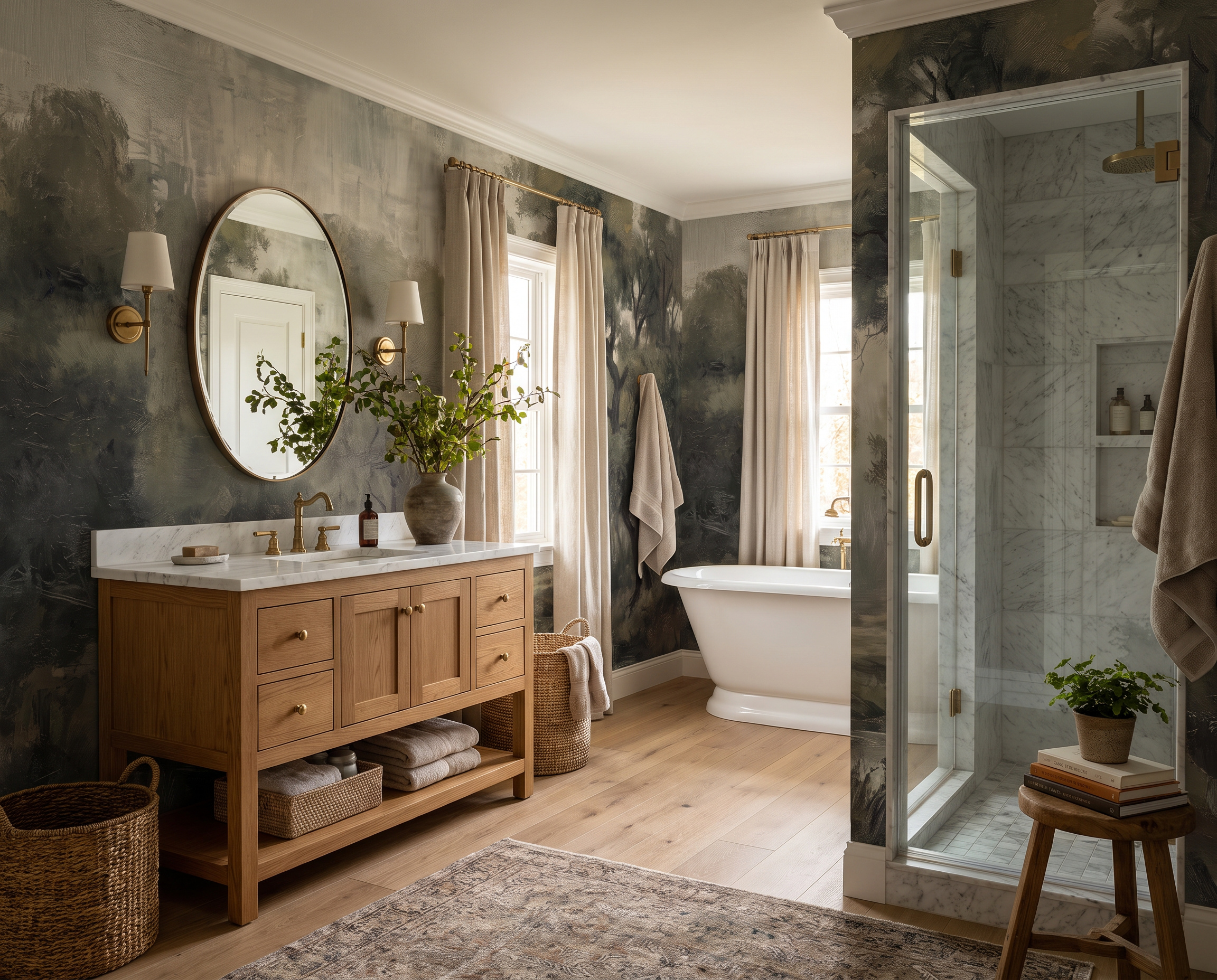Olive Woodland Trees Wallpaper Mural Bathroom-wallpaper-murals, Peel-and-stick Finish