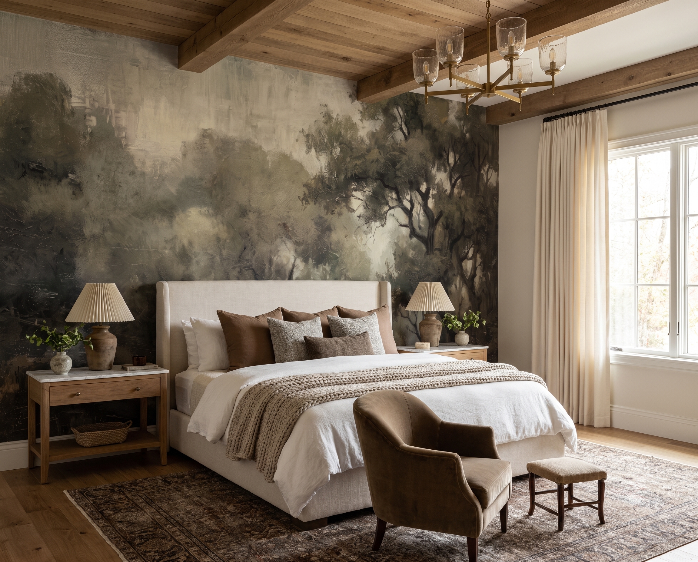 Shadowed Olive Woodland And Mist Wallpaper Mural — Installed Wallpaper Mural In A Bedroom, Peel-and-stick Finish
