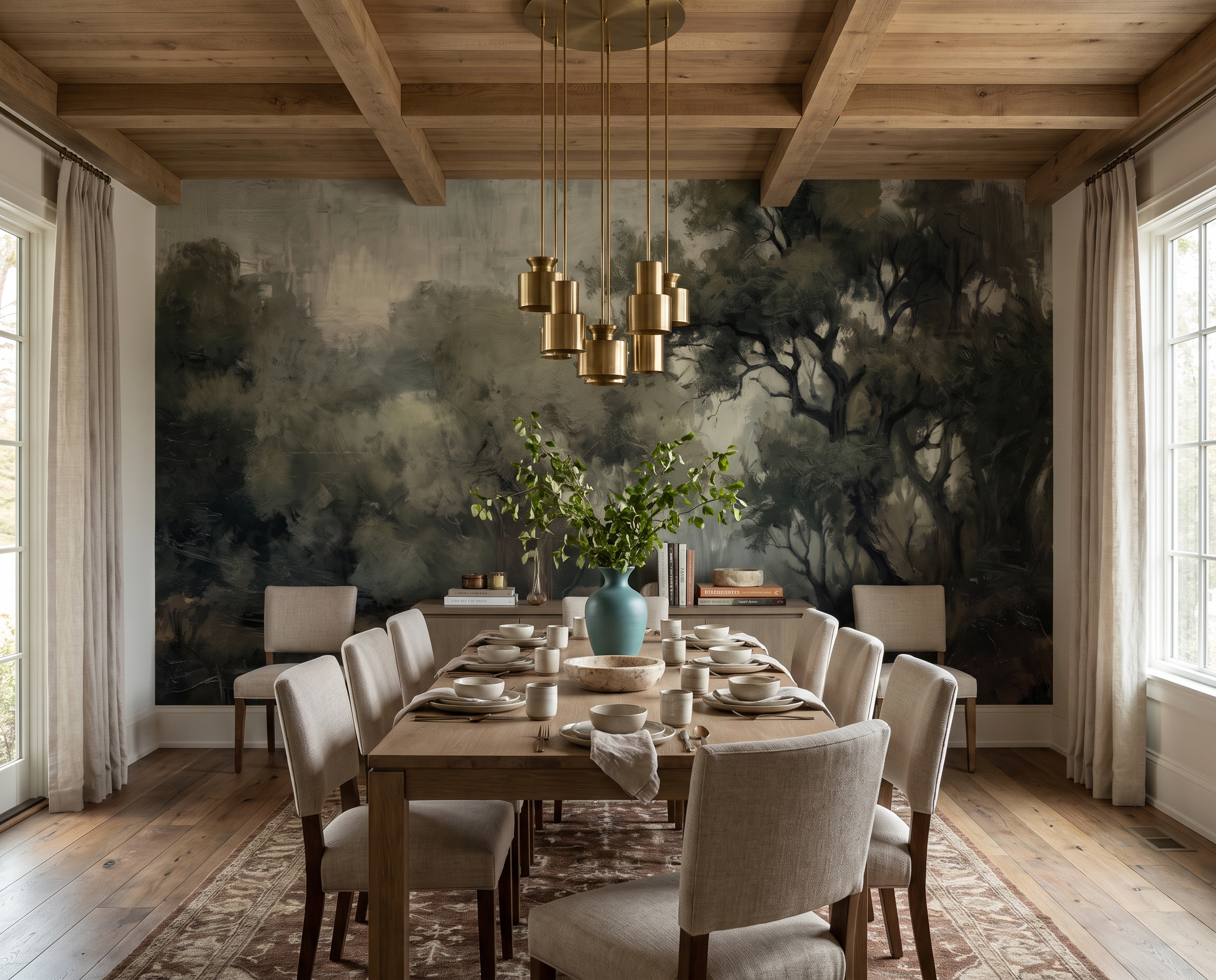 Olive Woodland Trees Wallpaper Mural Dining-room-wallpaper-murals, Shown In A Dining Room, Peel-and-stick Finish