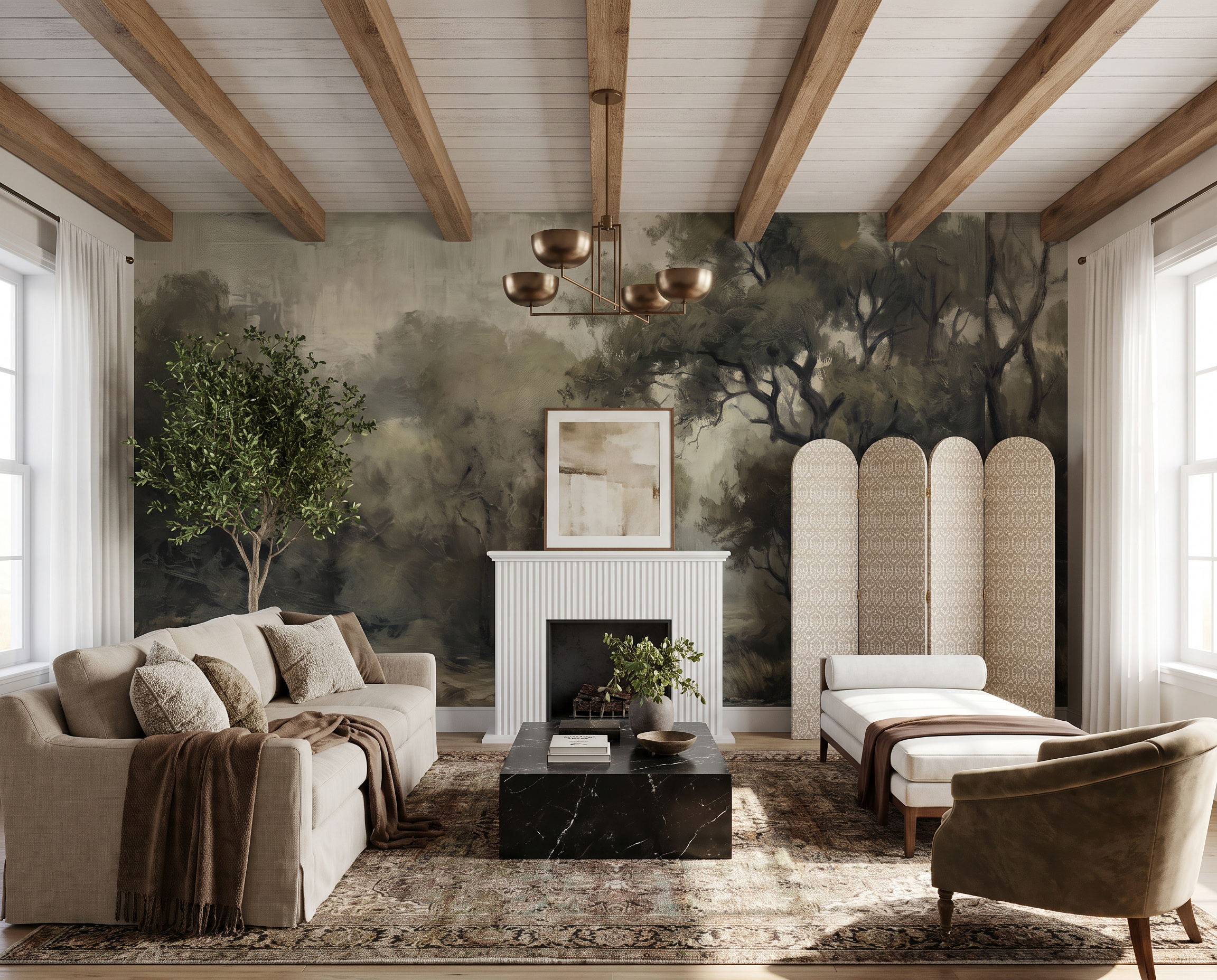 Olive Woodland Trees Wallpaper Mural Living-room-wallpaper-murals, Shown In A Living Room, Peel-and-stick Finish