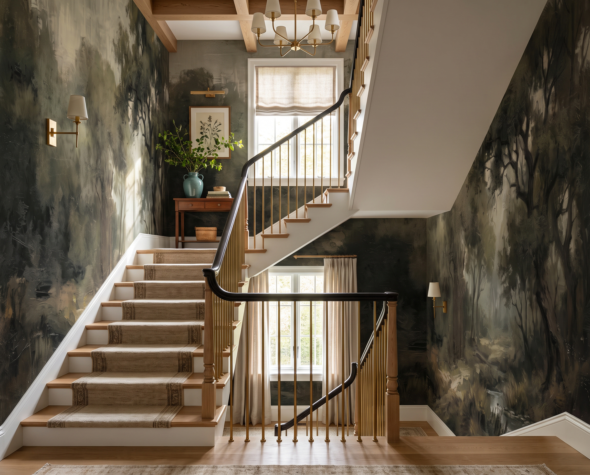 Olive Woodland Trees Wallpaper Mural Hallway-wallpaper-murals, Peel-and-stick Finish