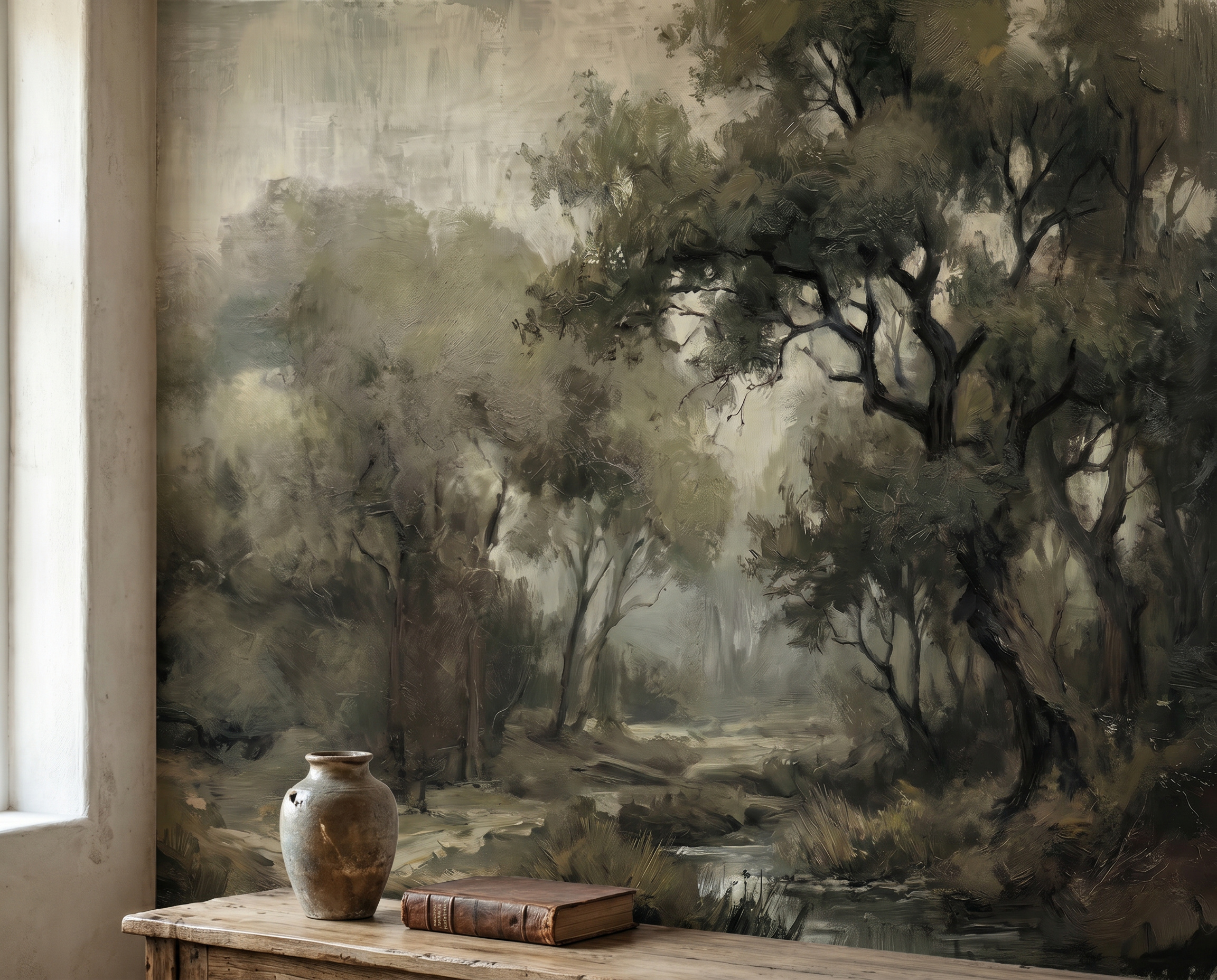 Olive Woodland Trees Wallpaper Mural Accent-wall-wallpaper-murals, Peel-and-stick Finish