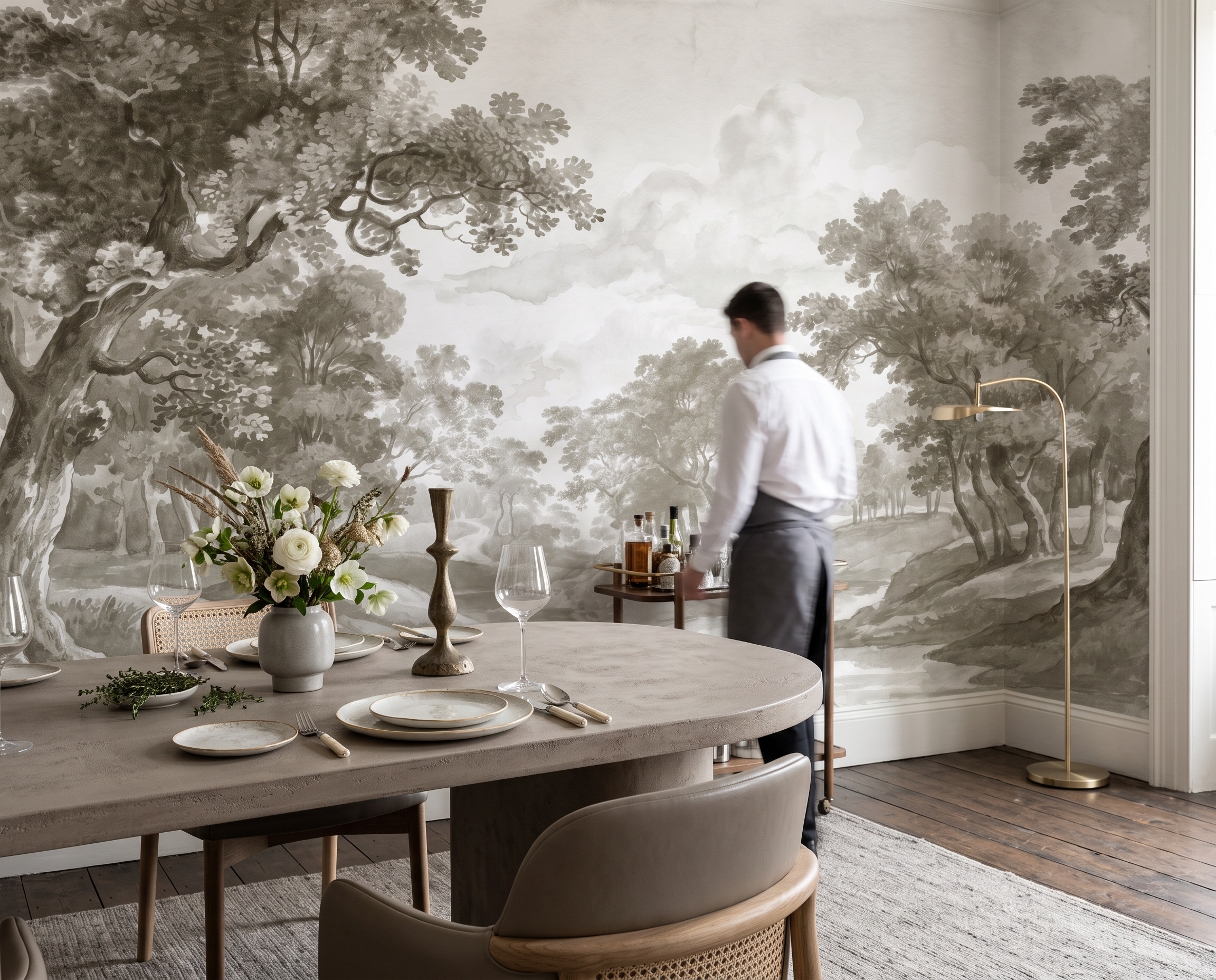 Grey Decorative Patterning Wallpaper Mural Dining-room-wallpaper-murals, Shown In A Dining Room, Peel-and-stick Finish