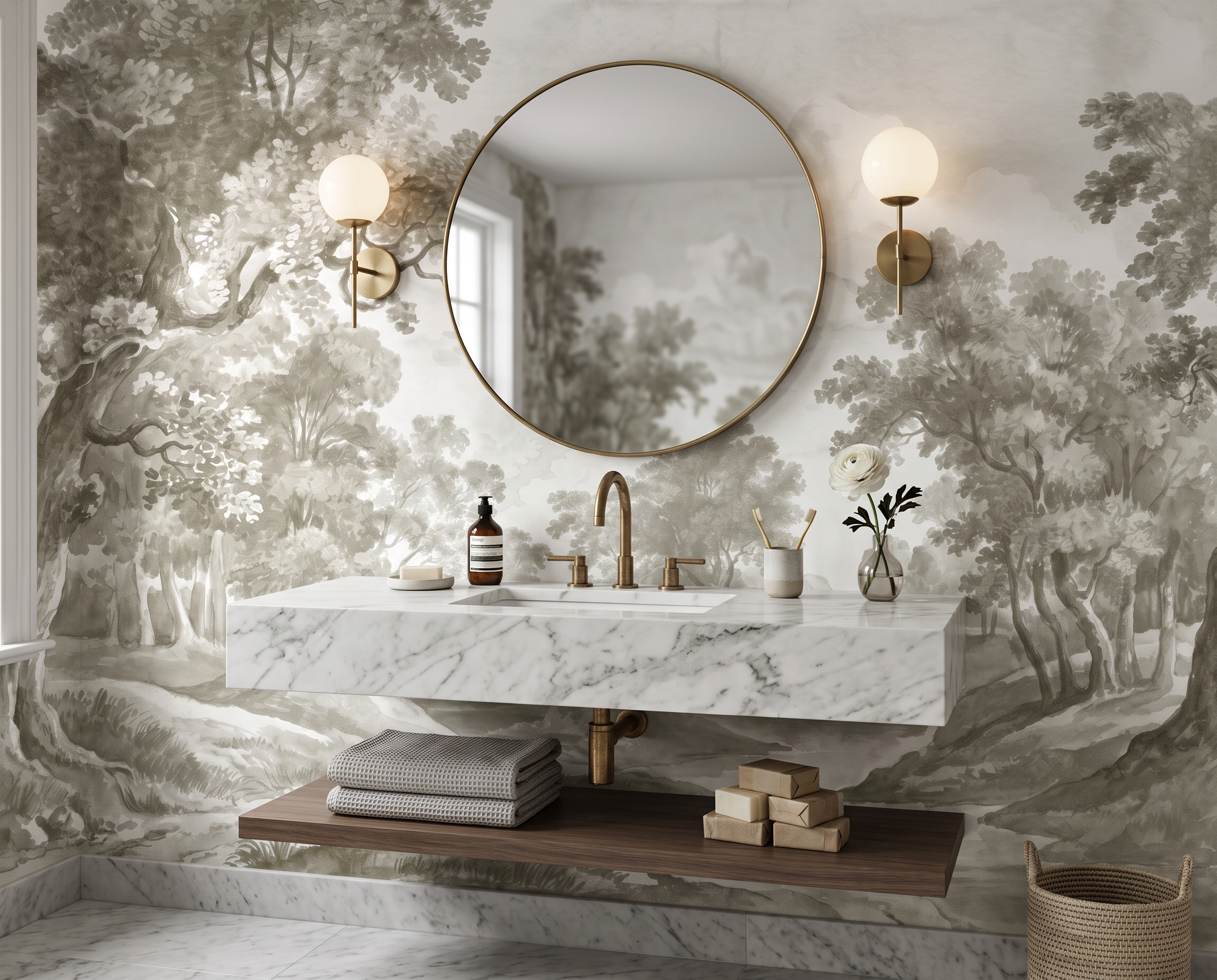 Grey Decorative Patterning Wallpaper Mural Bathroom-wallpaper-murals, Peel-and-stick Finish