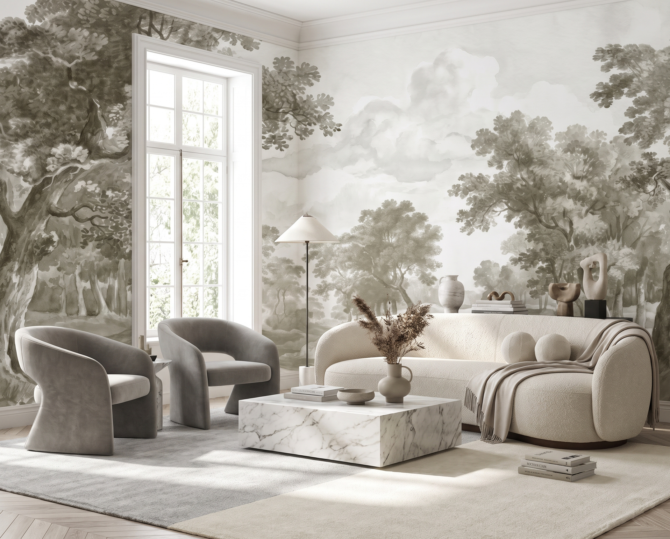 Grey Decorative Patterning Wallpaper Mural Living-room-wallpaper-murals, Shown In A Living Room, Peel-and-stick Finish
