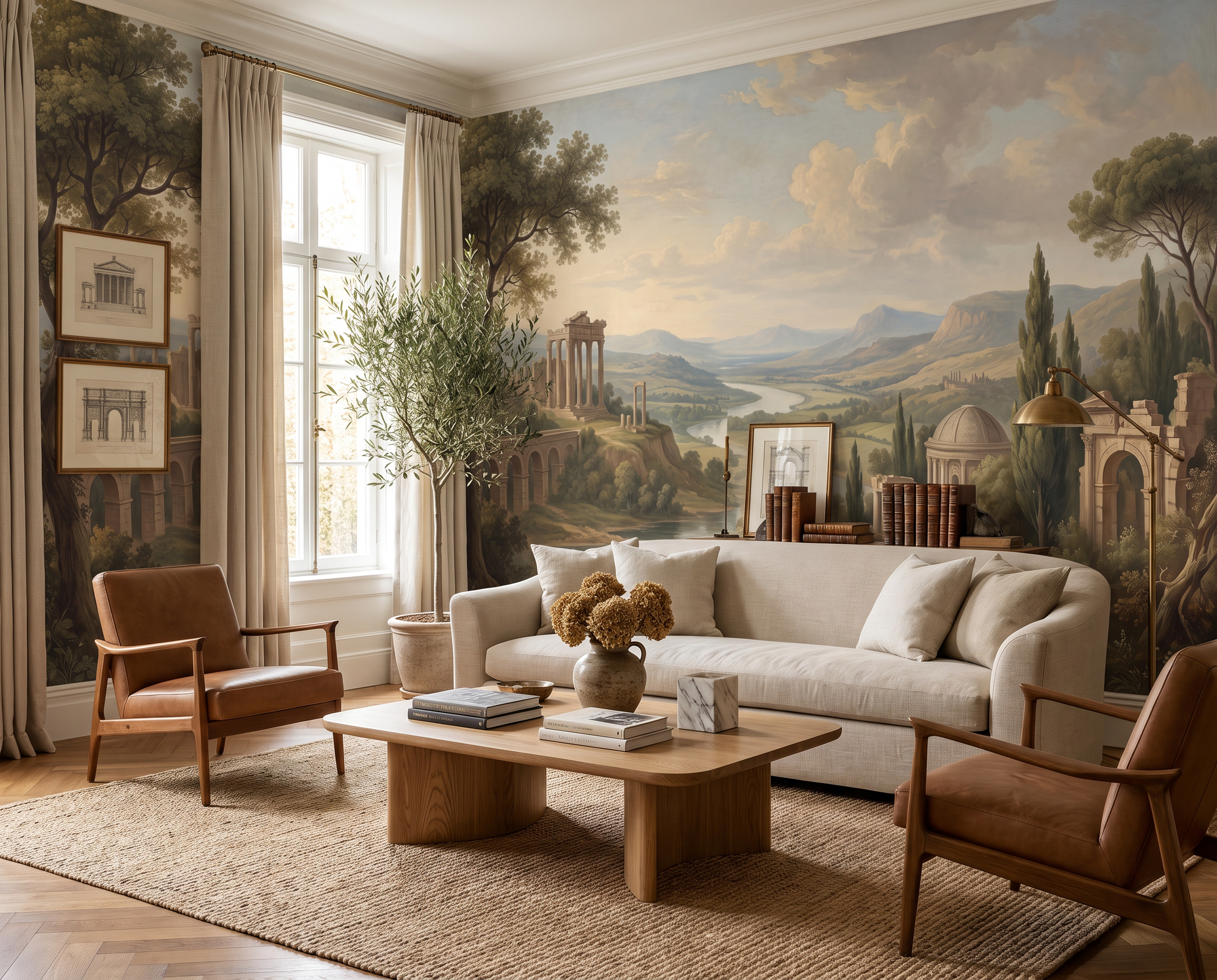 Sage Green A River Landscape Wallpaper Mural Living-room-wallpaper-murals, Shown In A Living Room, Peel-and-stick Finish