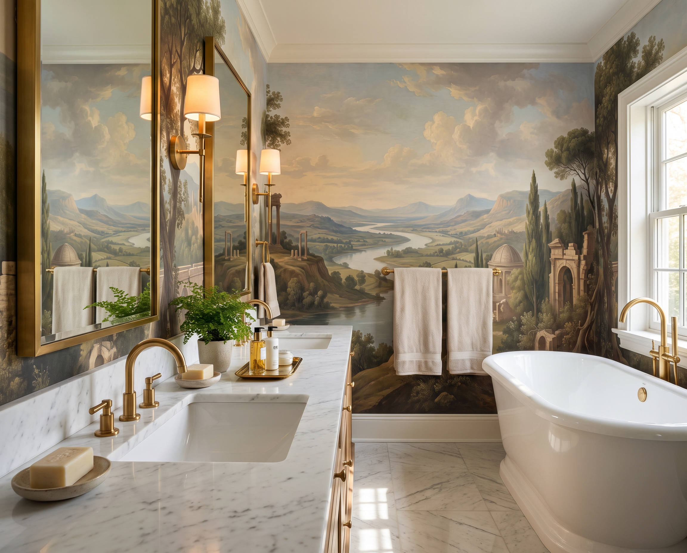 Sage Green A River Landscape Wallpaper Mural Bathroom-wallpaper-murals, Peel-and-stick Finish
