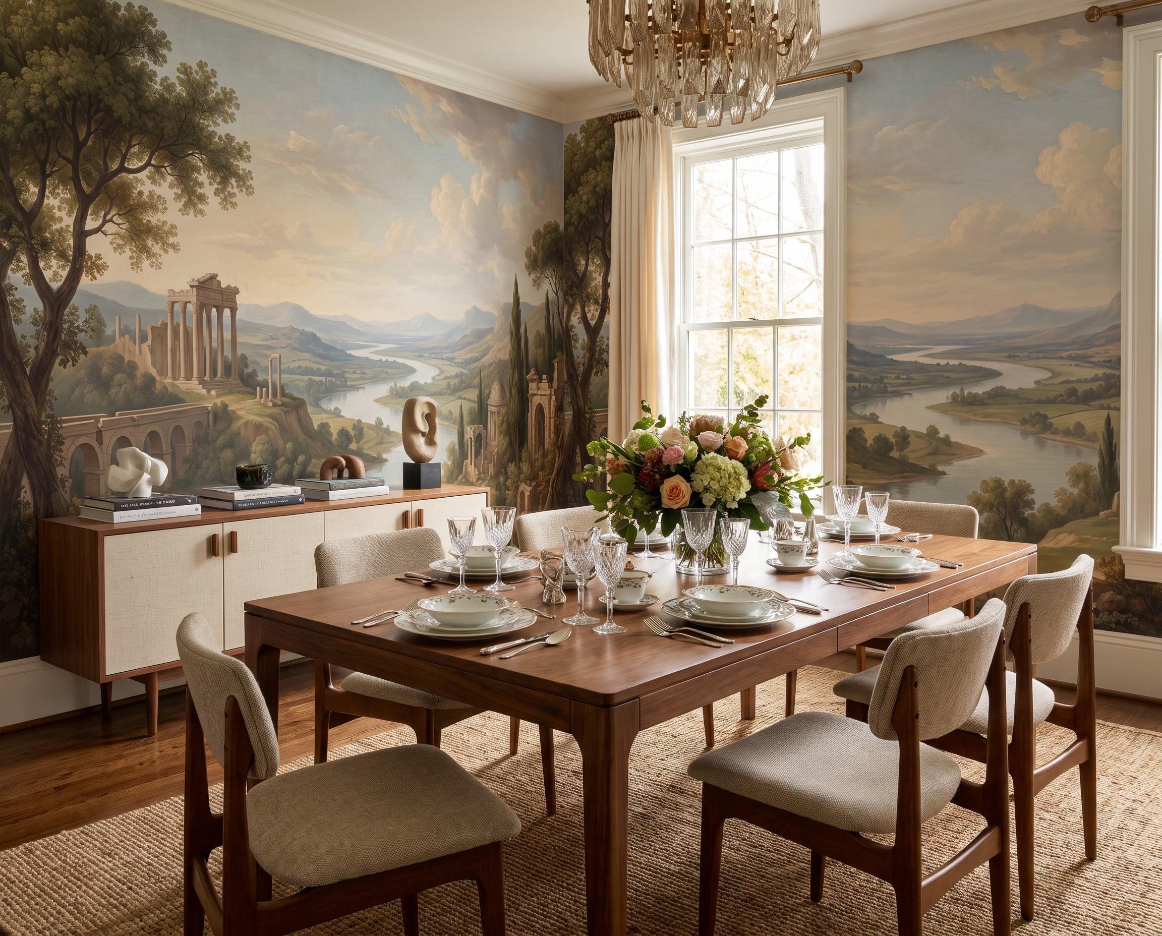 Sage Green A River Landscape Wallpaper Mural Dining-room-wallpaper-murals, Peel-and-stick Finish
