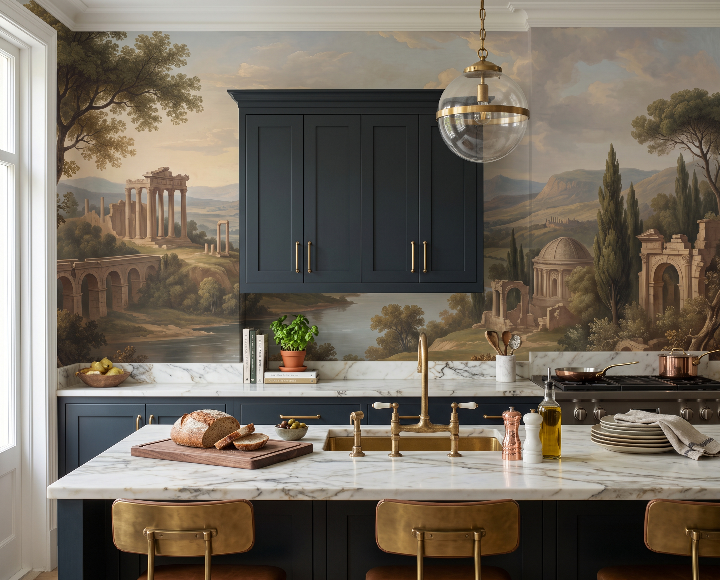 Sage Green A River Landscape Wallpaper Mural Kitchen-wallpaper-murals, Peel-and-stick Finish