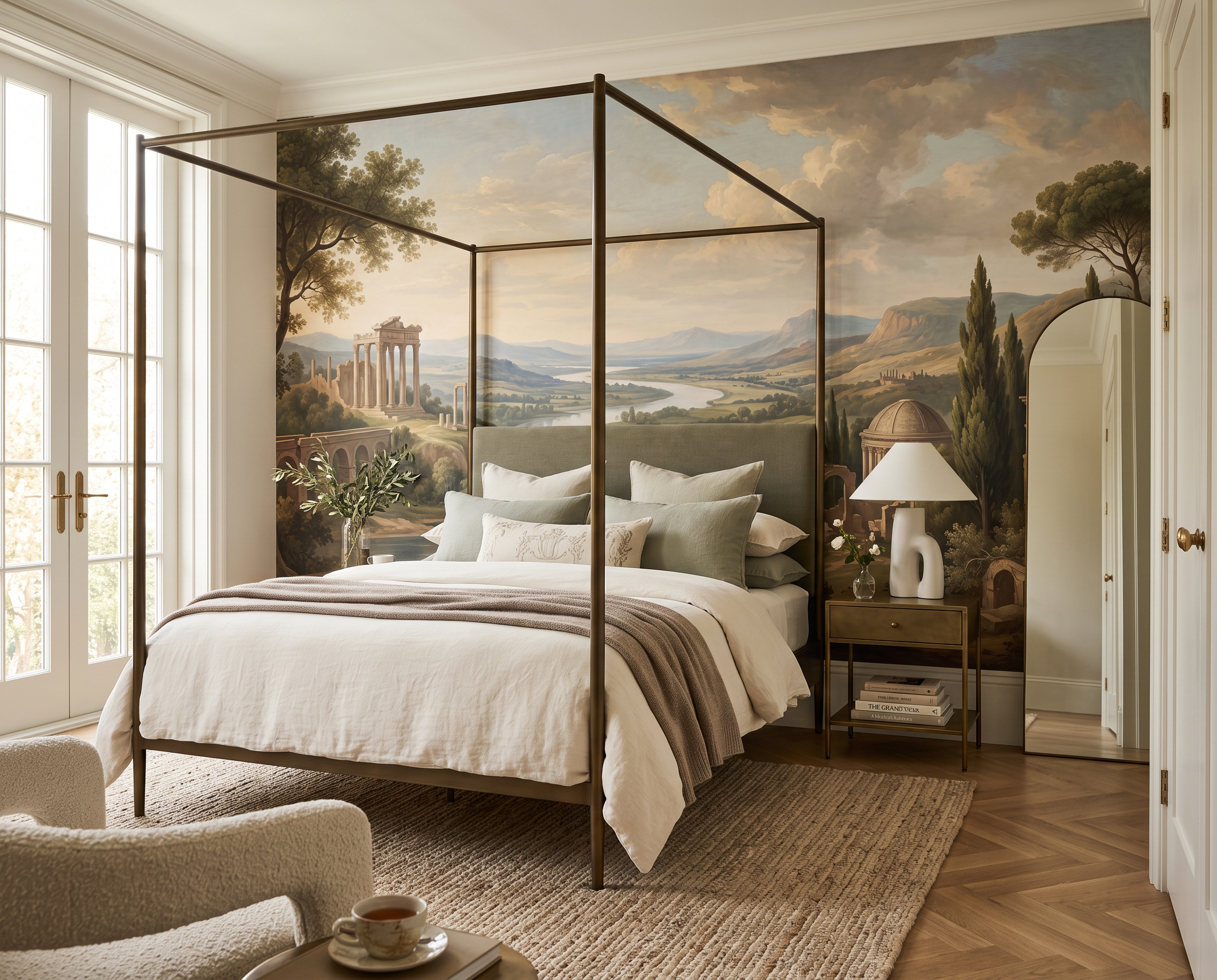 Sage Green A River Landscape Wallpaper Mural Bedroom-wallpaper-murals, Peel-and-stick Finish
