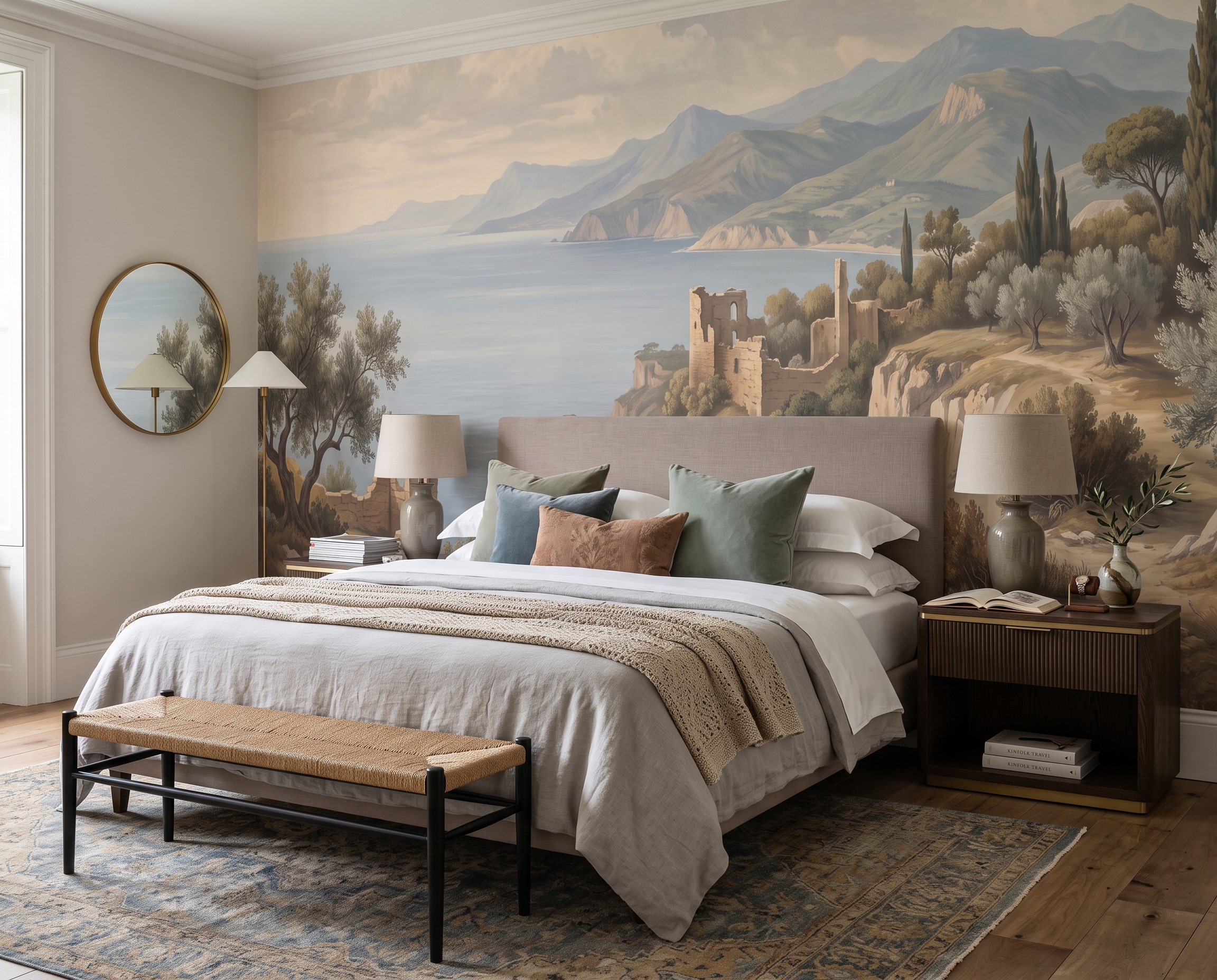 Blue Coastal Landscape Wallpaper Mural, Shown In A Bedroom, Peel-and-stick Finish