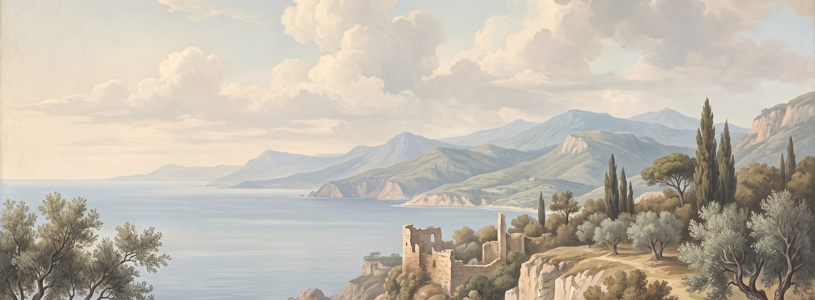 Blue Coastal Landscape Wallpaper Mural, Peel-and-stick Finish
