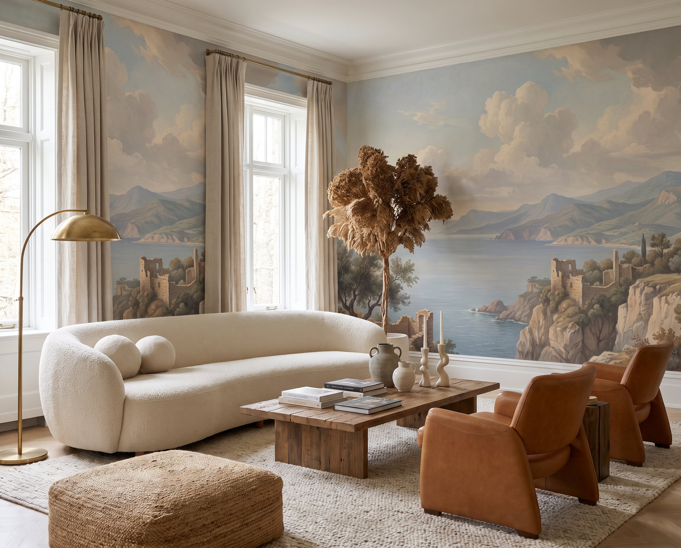 Blue Coastal Landscape Wallpaper Mural, Shown In A Living Room, Peel-and-stick Finish